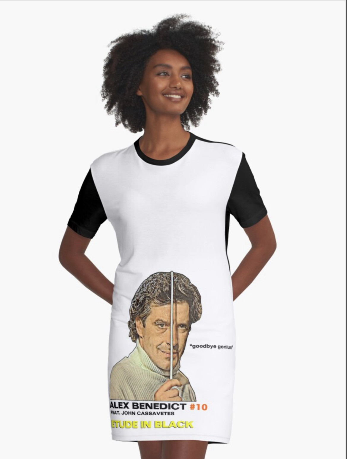 A stock photo of a woman wearing a T-shirt dress with John Cassavetes from Etude In Black with us famous(?) last words “goodbye genius”. He is holding a conductors baton.