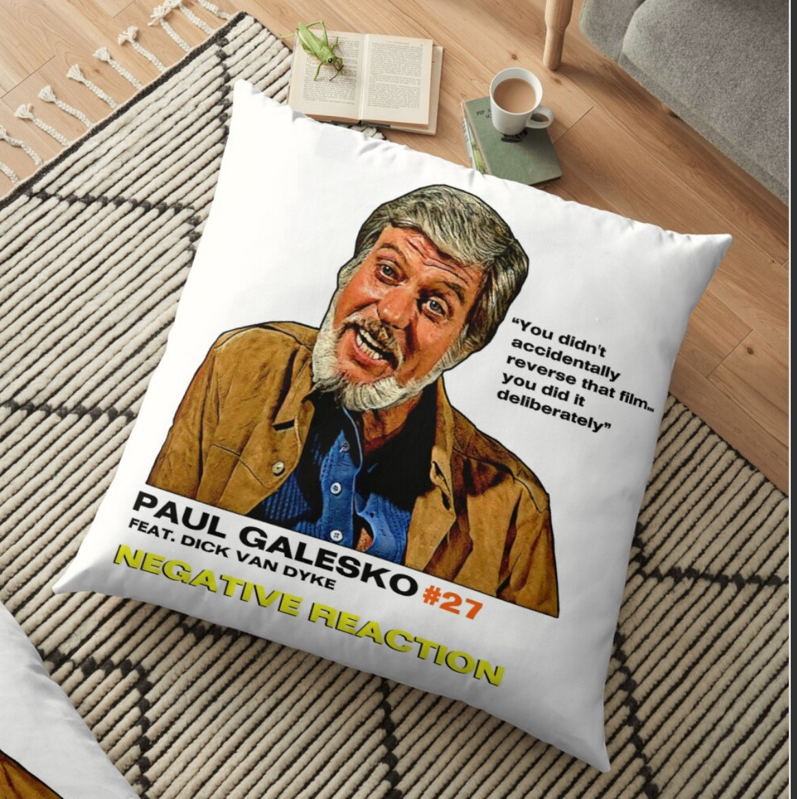 A throw pillow with a picture of Dick Van Dyke from the episode Negative Reaction with his famous(?) last words “you didn’t accidentally reverse that film… you did it deliberately”