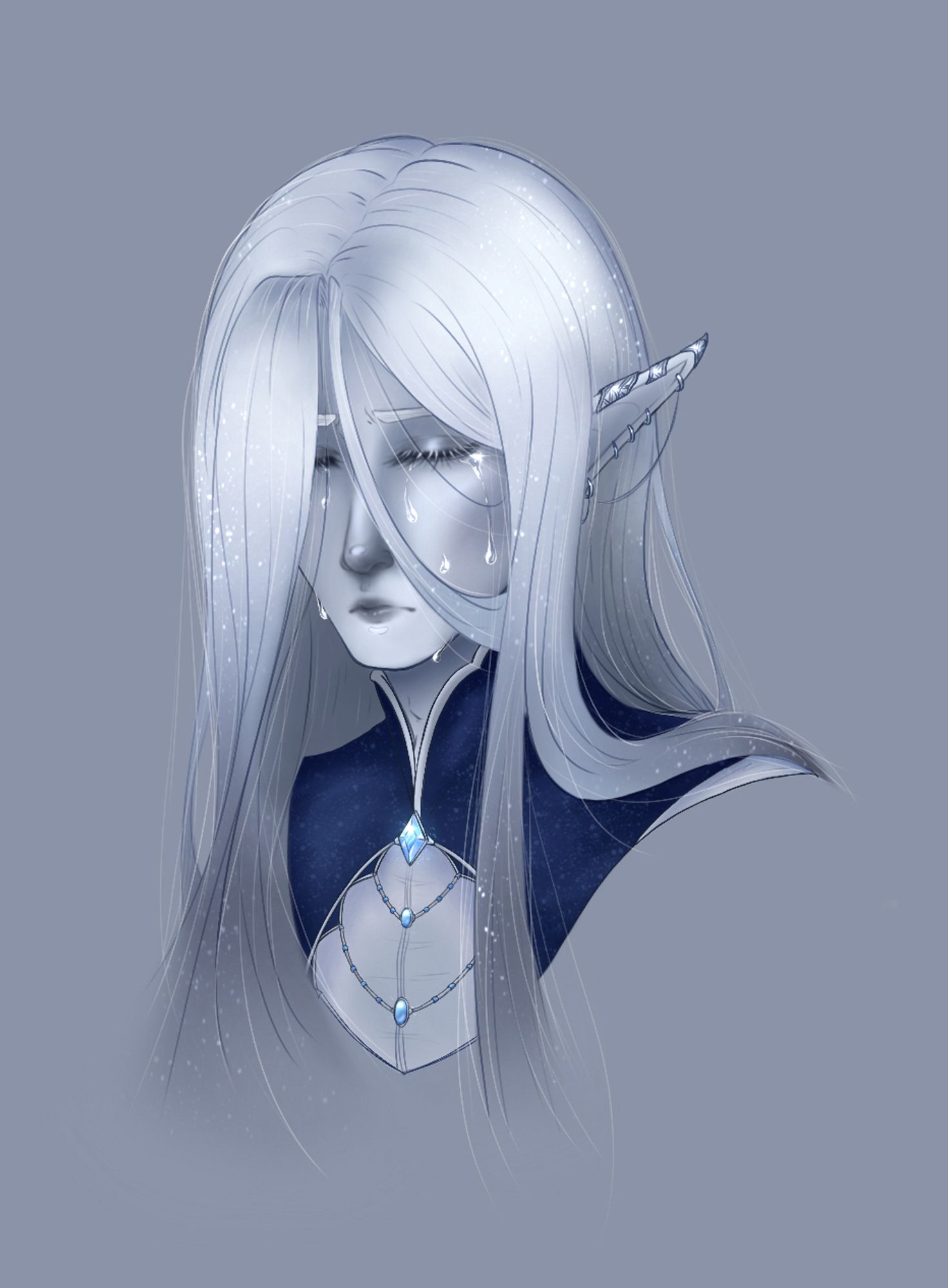 A rendered digital portrait of a Winter Eladrin faced 3/4 view with a silent, pained expression. He has pale bluish-silver skin marked with the frozen remnants of tears long cried from closed eyes. His silver ombre hair flecked with snowfall is long, and veils the right side of his face (your left). He wears a shimmering midnight blue vest with silver lining, which is clasped by a blue diamond. The vest parts at the clasp, leaving a chest window. From the side of the window is a silver chain woth blue beads that connect at the center by blue oval gems. Underneath the vest is a translucent puff-sleeve shirt. His long elf ears have three silver clasps along the upper, five silver rings on the lower, with a chain connecting the top ring to the bottom ring, which then connects to a hidden stud.