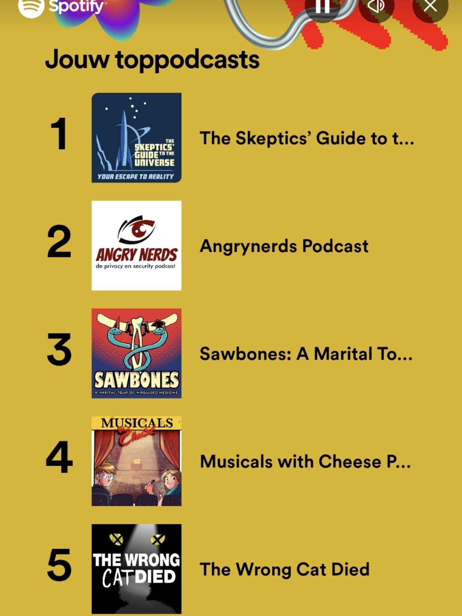 Mijn podcast top 5
1. Skeptics Guide to the Universe
2. Angrynerds
3. Sawbones a marital tour to misguided medical history 
4. Musicals with cheese
5. The wrong cat died