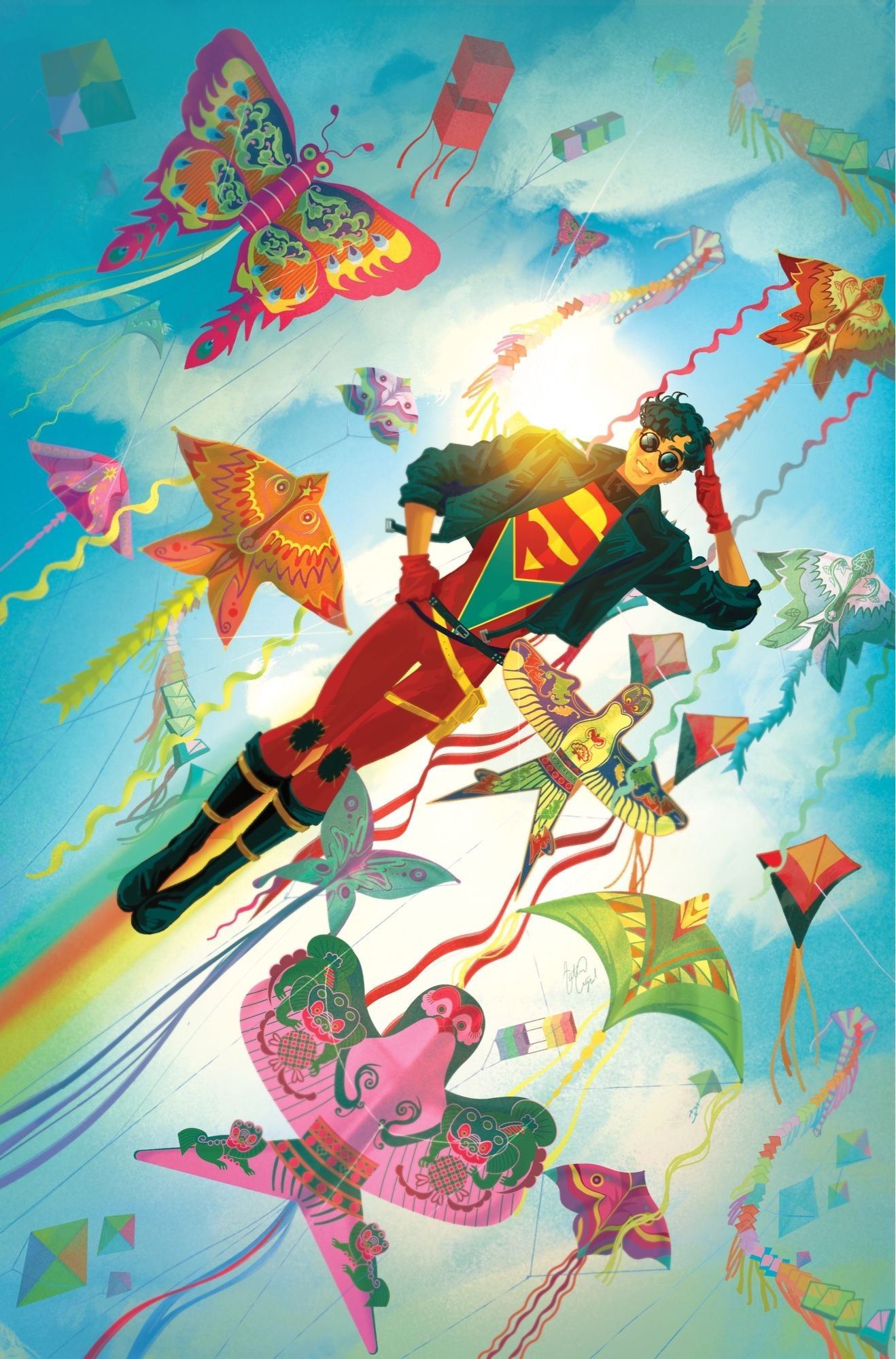 Superboy (the real one, like) flying amidst a plethora of beautifully coloured kites