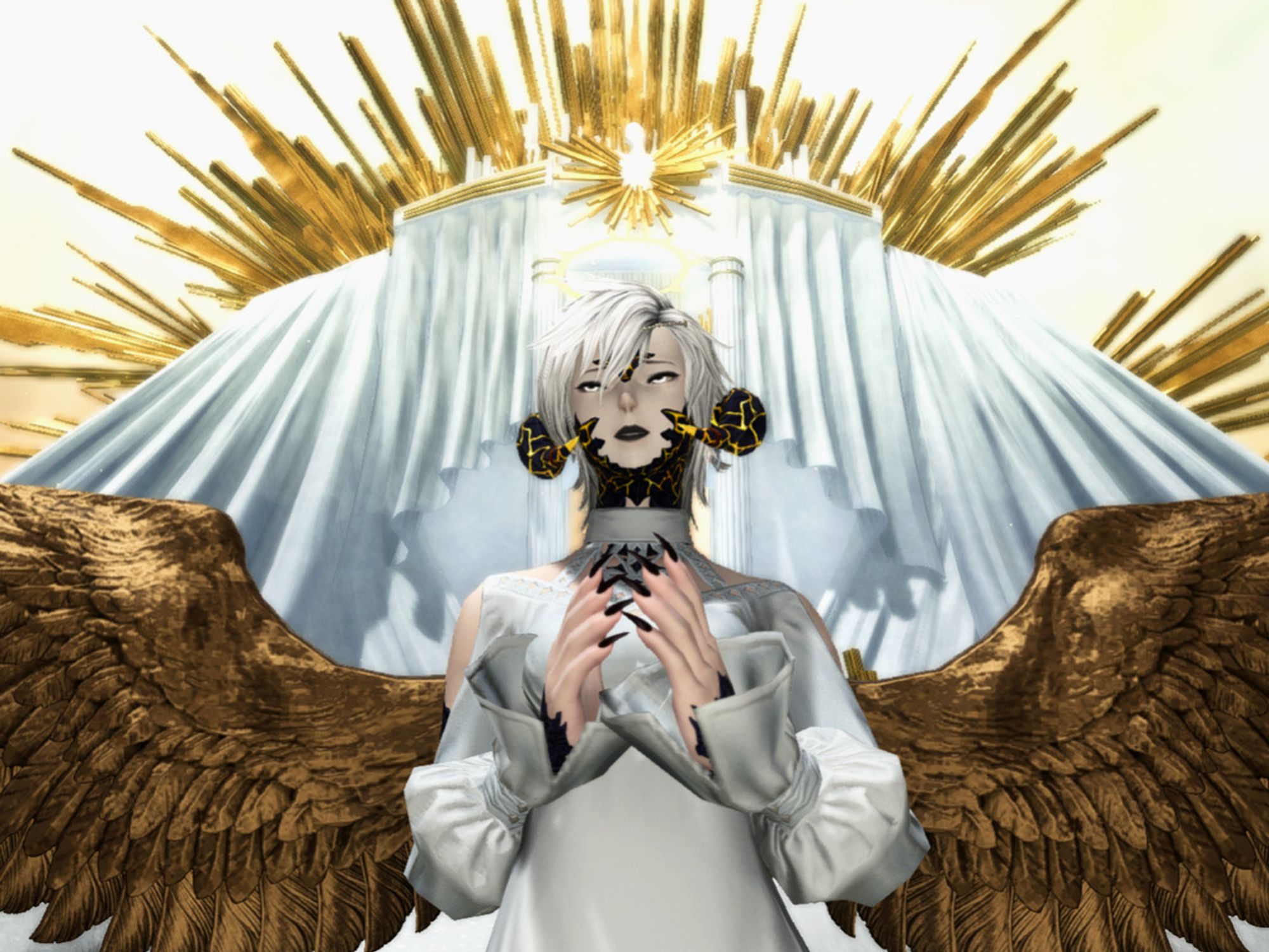 An Au Ra on Mt. Gulg. The background has white tapestry with golden rays jutting out from it. The Au Ra is nearly clasping their hands together, their eyes rolled upward, dressed in white with golden wings.