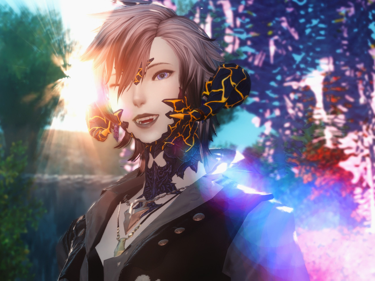 An Au Ra winking at the viewer. The sun is shining from behind, creating a effect on the lens. Purple wisteria is in the background.