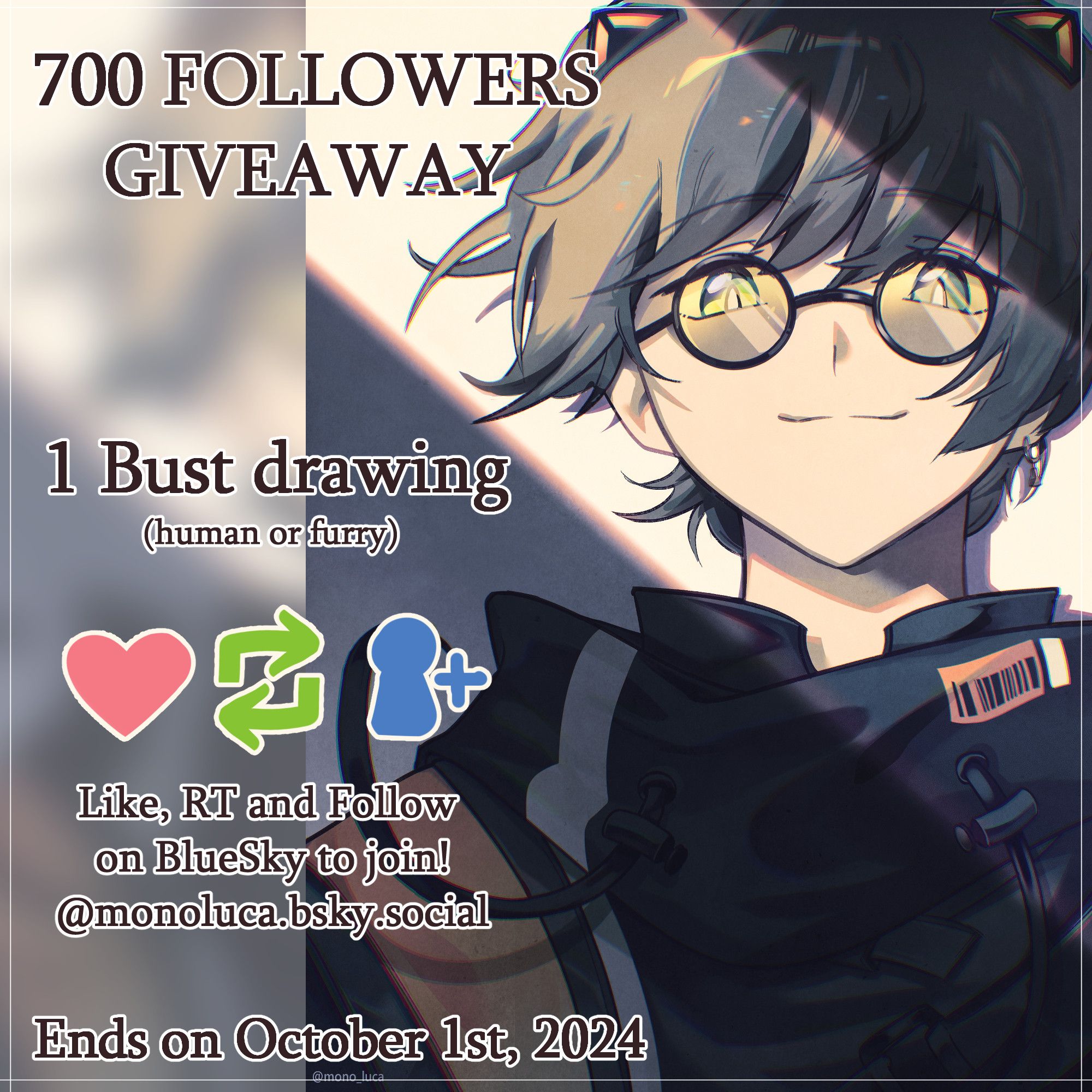 A 700 followers bust drawing giveaway image, of a human or furry character, which will have it's winner picked at October 1st, 2024. It's described to Like, RT and Follow on Bluesky to join.