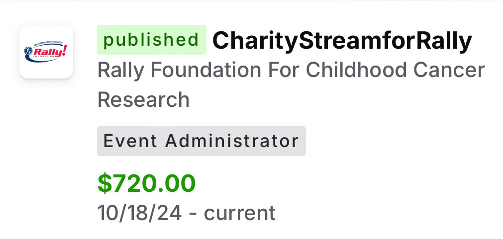 This image shows a screen shot saying 720 dollars has been raised for the Rally Foundation for Childhood Cancer Research as of 10-18-24-current