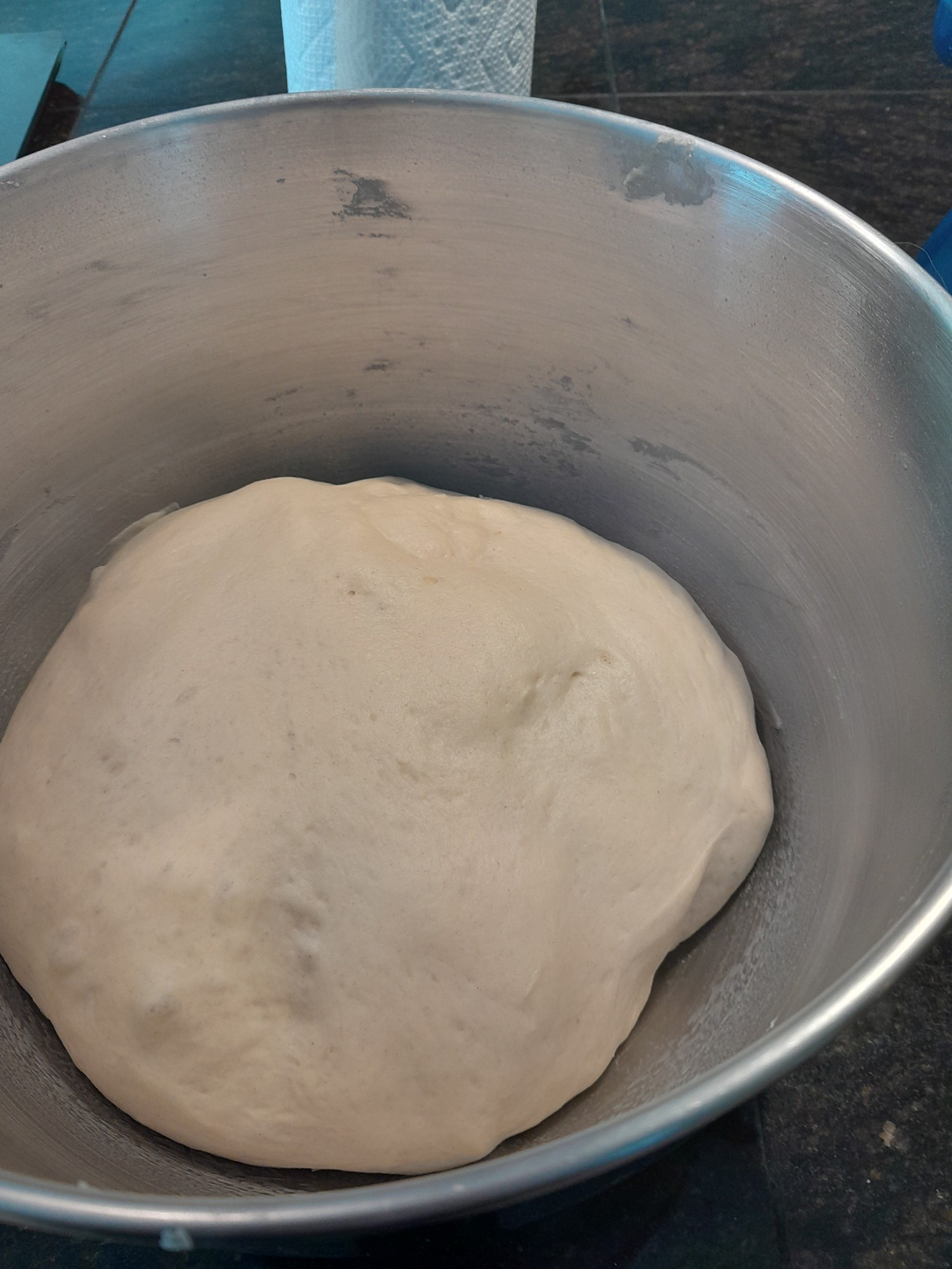 A fully proofed ball of dough in a silver bowl