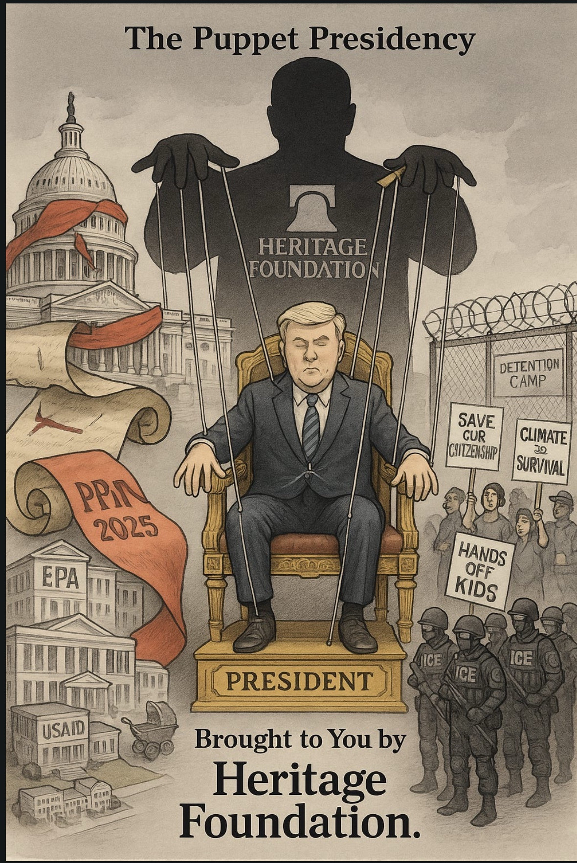 Image of Trump being controlled by Heritage Foundation puppet strings  “The Puppet Presidency.” 