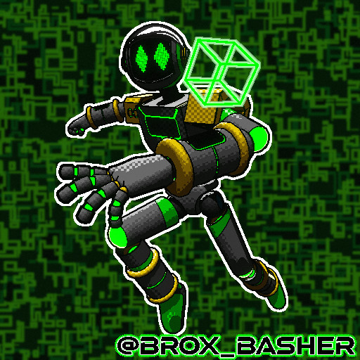 Full render of the artist’s robotic persona, green and dark grey, headset visor, mp3 chest banner, screens on forearms for drawing and 3D modeling.