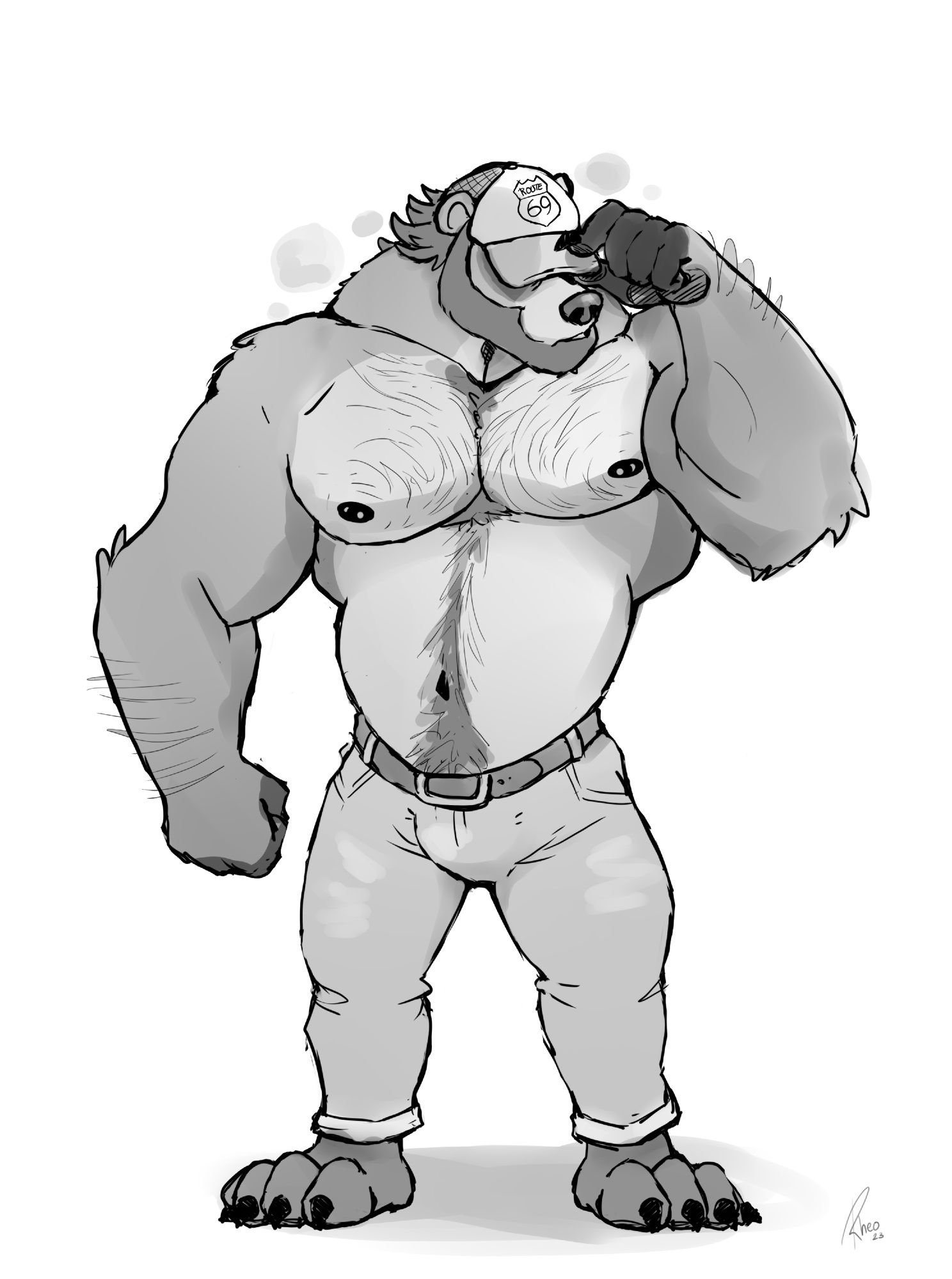 B&W drawing of a shirtless anthro bear wearing jeans and a trucker cap. RheoBearArt