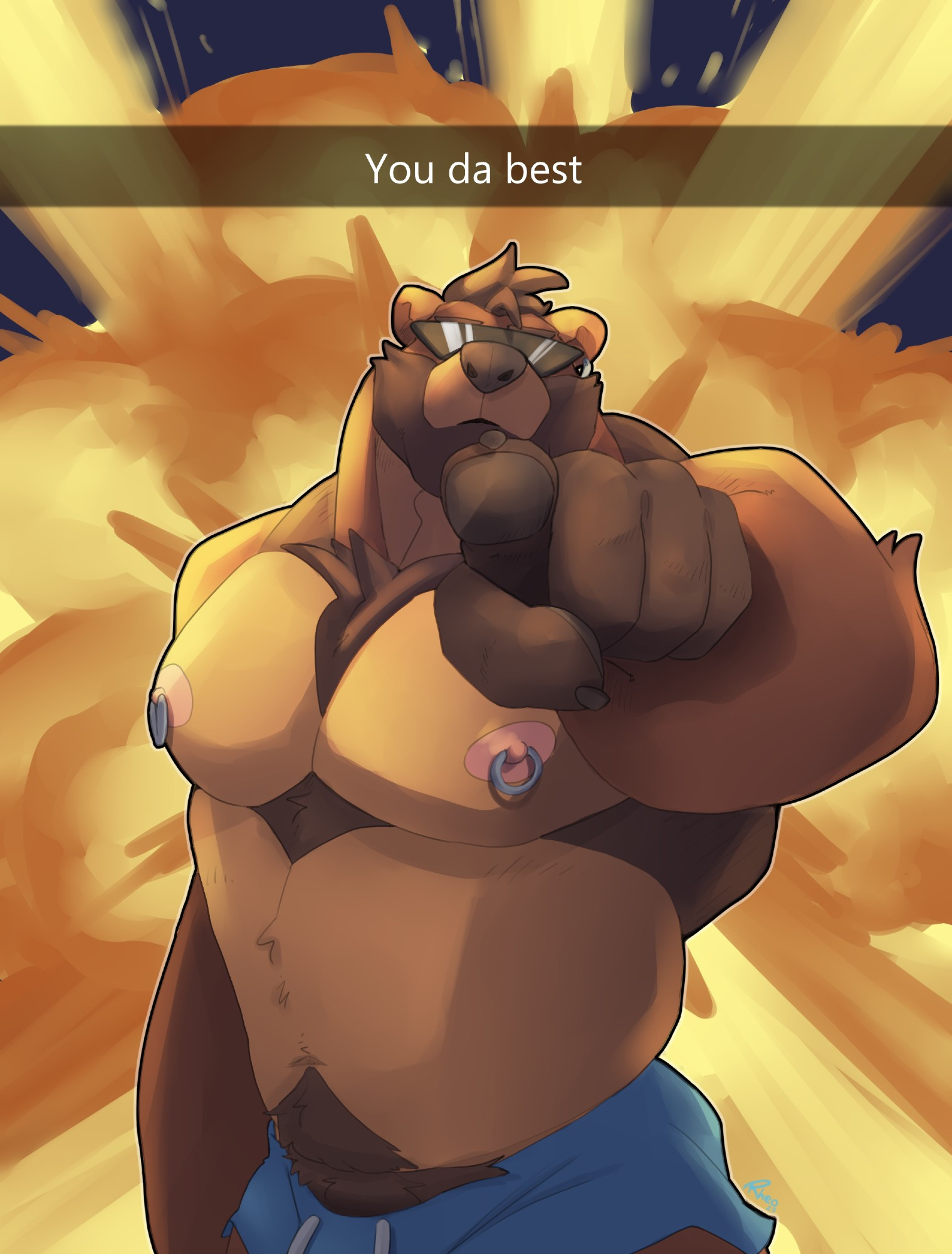 Rheo being cool not looking at an explossion as he regards you as the best. RheoBearArt