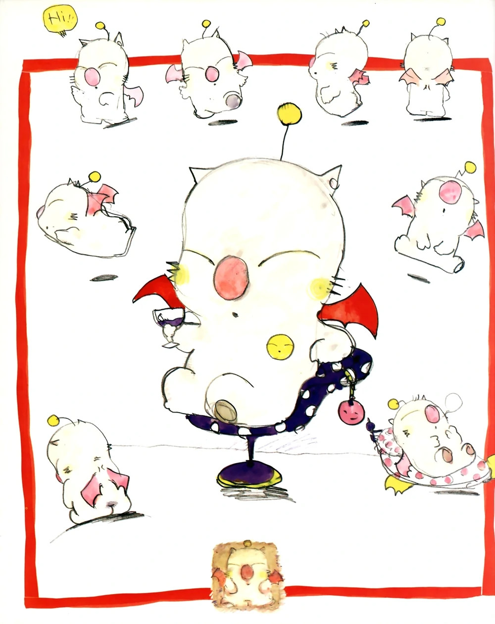 Arte conceitual de Yoshitaka Amano para o personagem Mog de Final Fantasy 6. Dentro de um quadrado bruscamente delimitado por linhas vermelhas, há varios desenhos bem soltos do personagem em diversas poses: caminhando, flutuando levemente, de costas triste com suas asas abaixadas e deitado em uma rede. Ao centro, uma ilustração muito maior de Mog sentando em uma poltrona roxa com bolinhas brancas, segurando uma taça com uma bebida também roxa.