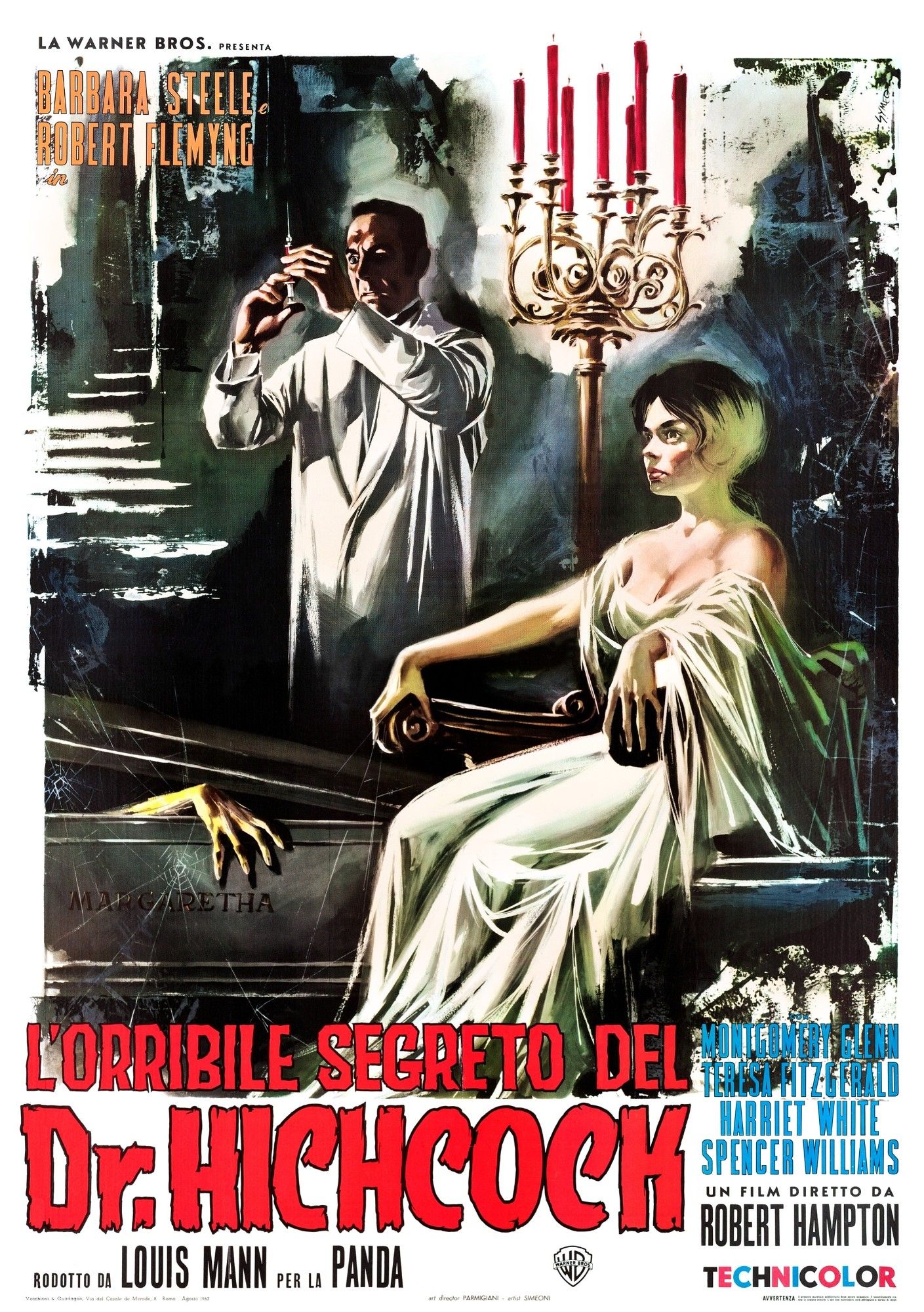 Film poster for The Horrible Dr. Hichcock. A woman sits in a chair gazing fixedly ahead; in the background a doctor is preparing an injection; in front of the woman there is a coffin with the lid ajar and a hand hanging (or reaching?) out.