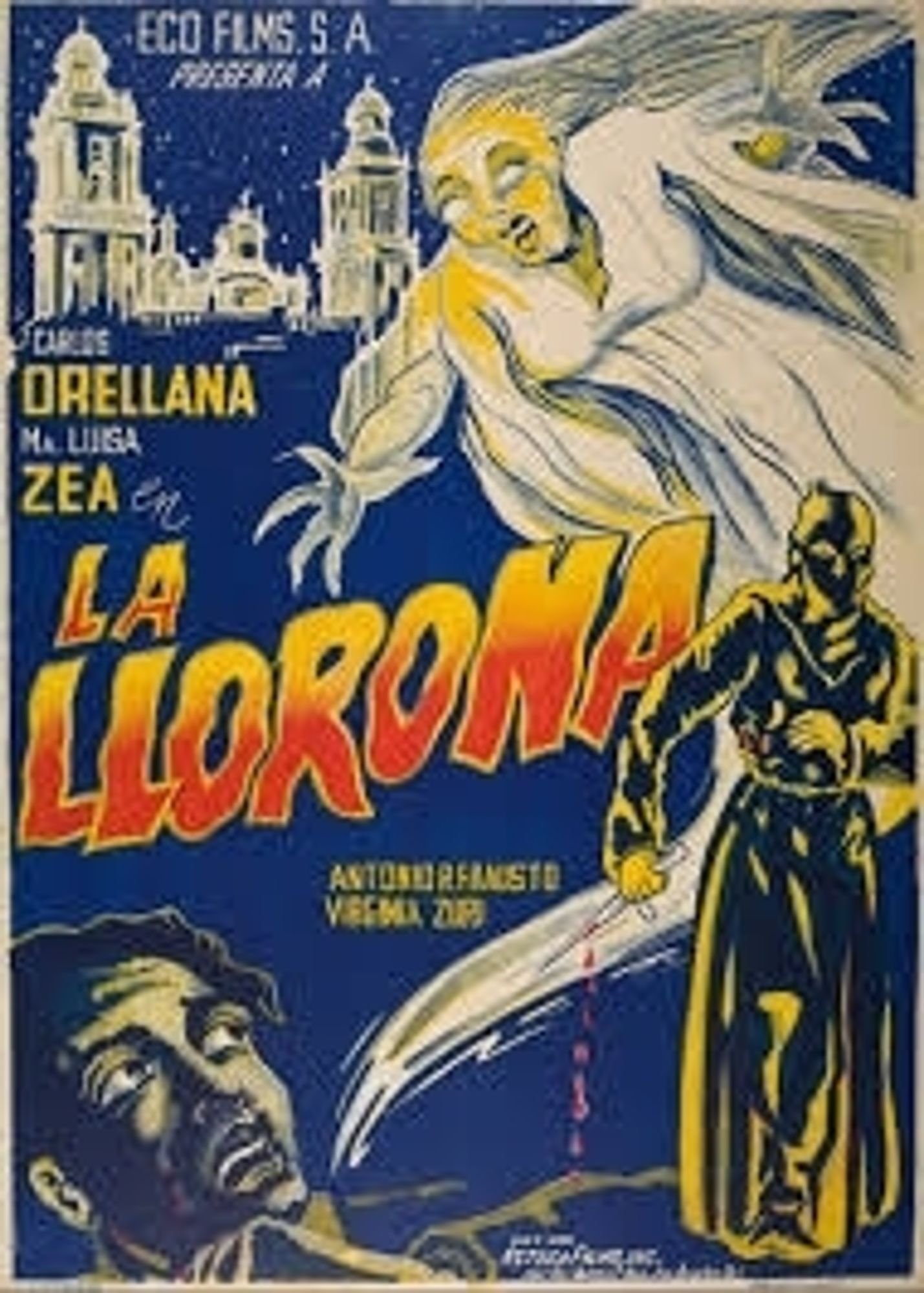 Film poster for La Llorona. A ghostly woman in white dominates the image. At the bottom left a man's face looks pensive, and at the bottom right a hooded figure holds a knife with blood dripping from it.