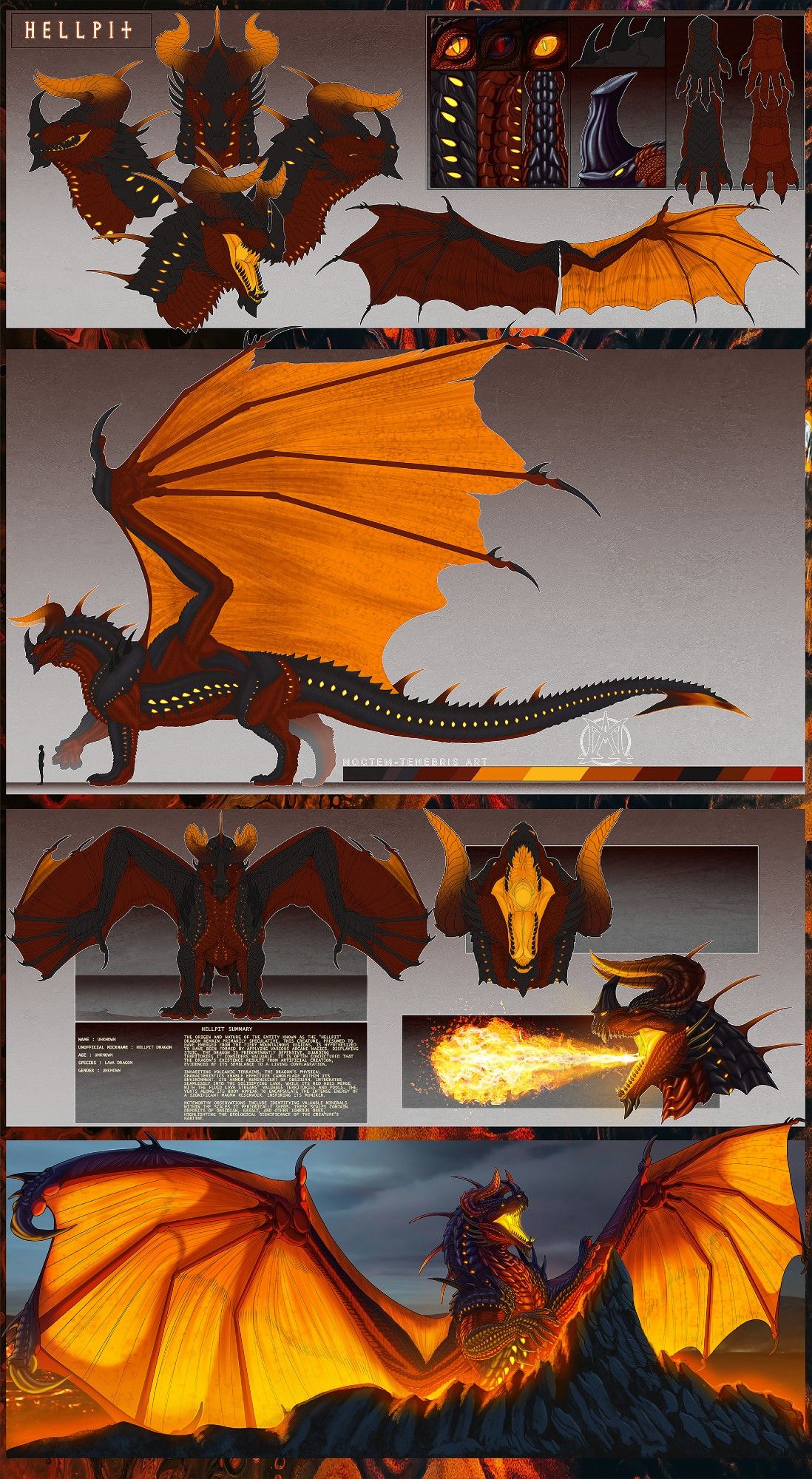 Character reference sheet featuring a large, menacing dragon called 'Hellpit,' with a detailed breakdown of its features and anatomy. The top section showcases five views of the dragon’s horned, snarling head with glowing orange eyes, spiked scales, and dark brown, flame-like markings. To the right, close-ups of its glowing yellow eyes, claws, and scaly textures are displayed. The middle features a full-body side view of the dragon with black and orange scales, massive, translucent orange wings, and a human figure for size comparison. Below, a front-facing and side view highlight the dragon's stance, wingspan, and sharp claws. A fiery breath attack is illustrated on the right, showing the dragon spewing flames. The bottom scene depicts the dragon perched atop a rocky volcano, wings spread, with a glowing lava-filled landscape.