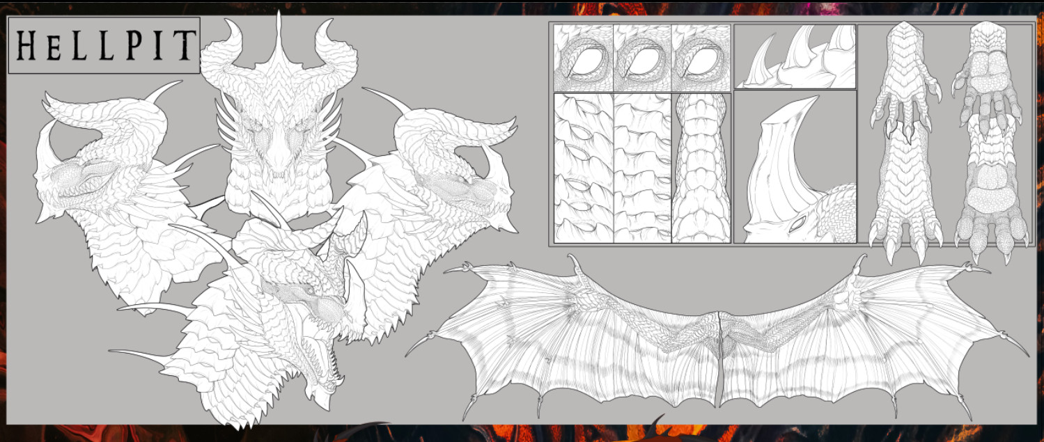 Reference sheet work for the Hellpit dragon. This depicts four expression shots, wing details, and various detail shots from eyes, Paws, hands, scales, and horns.