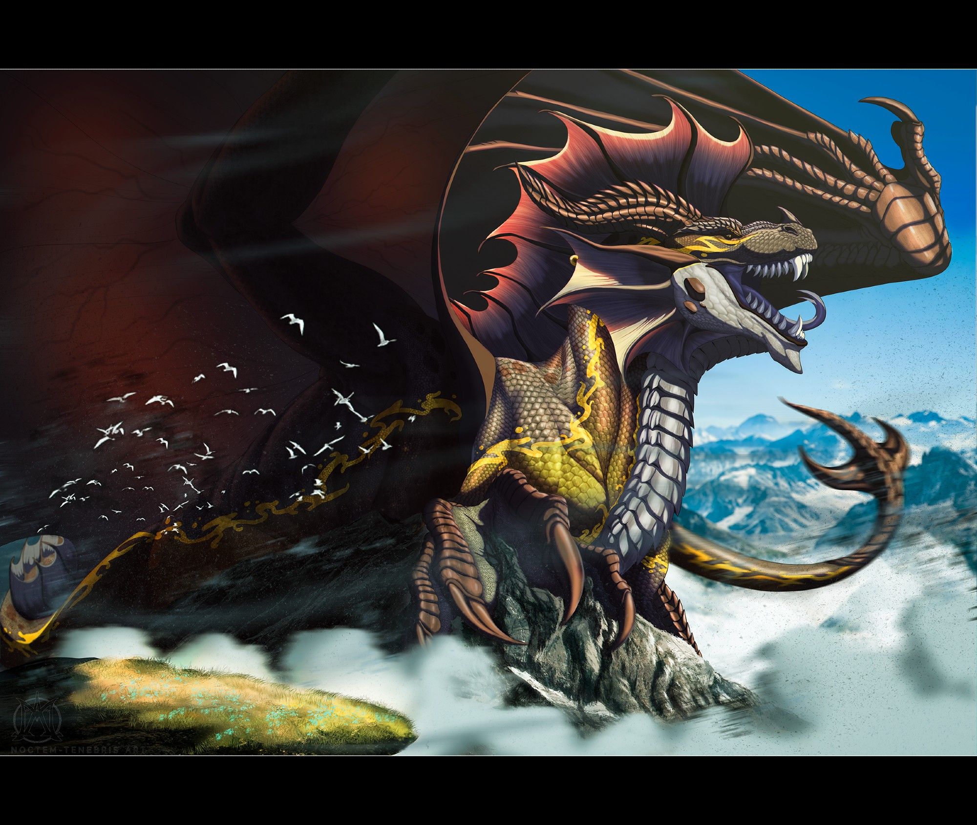 Massive digital illustration of a colossal dragon perched atop a rocky mountain peak. The dragon has dark, metallic scales with golden and red accents along its wings and spine, and its underbelly is covered in segmented, silver armor-like scales. Its face features a fierce expression with sharp fangs and glowing yellow eyes, while a pair of large, curved horns and a spiny frill frame its head. The dragon's massive wings extend outward, casting a shadow over the scene. Below, a flock of birds flees the dragon's presence as wisps of clouds rise from the ground. In the background, a vast landscape of mountains and cloudy skies stretches into the distance.