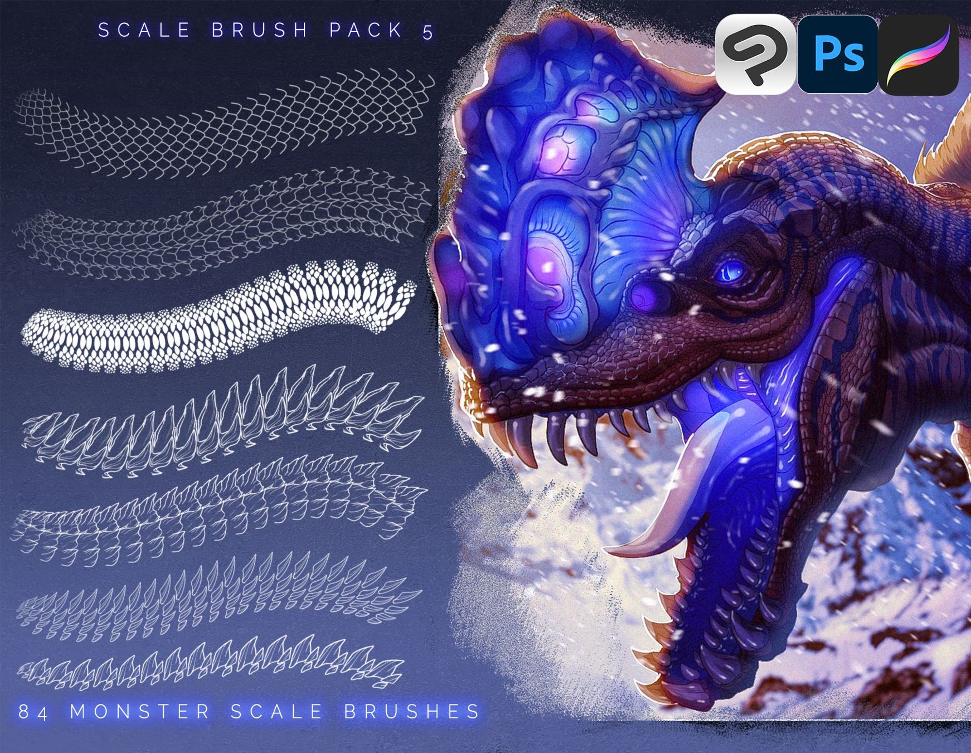 Monster themed brushes reminiscent of the game series Monster Hunter. There are 84 brushes included in this brush pack for Clip Studio Paint and ABR files for Photoshop, Procreate, Gimp, etc