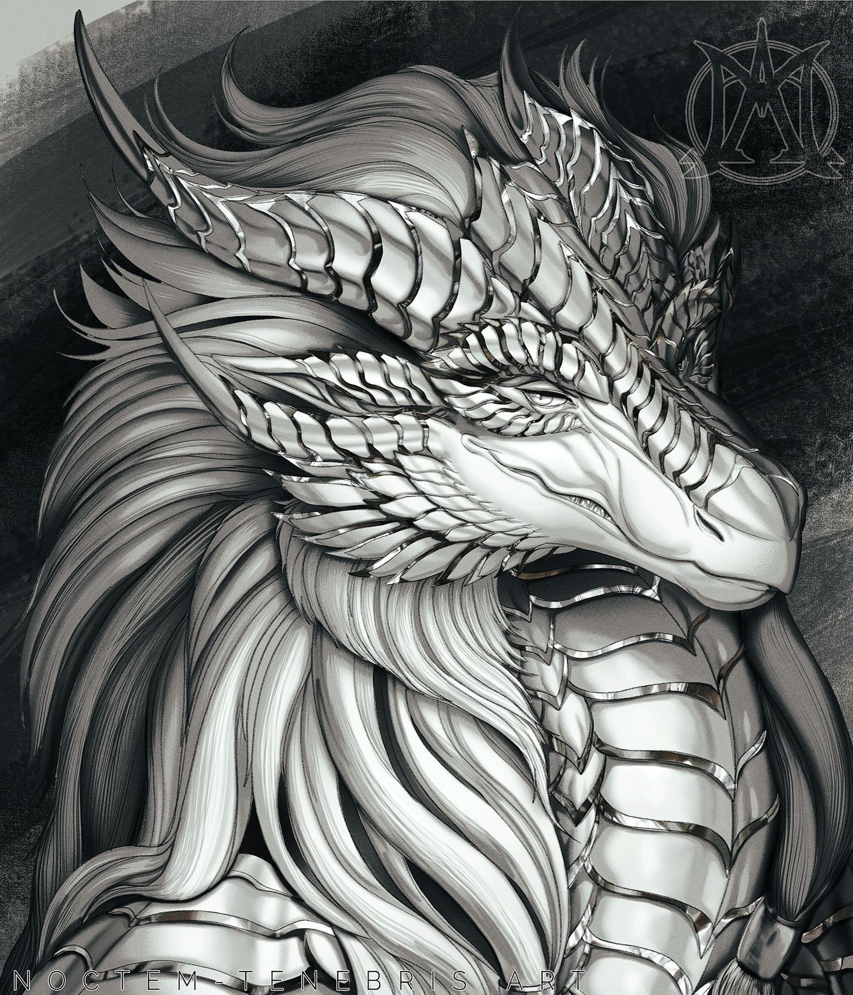 A detailed drawing of a white anthro dragon adorned with long hair and shiny metallic plates.