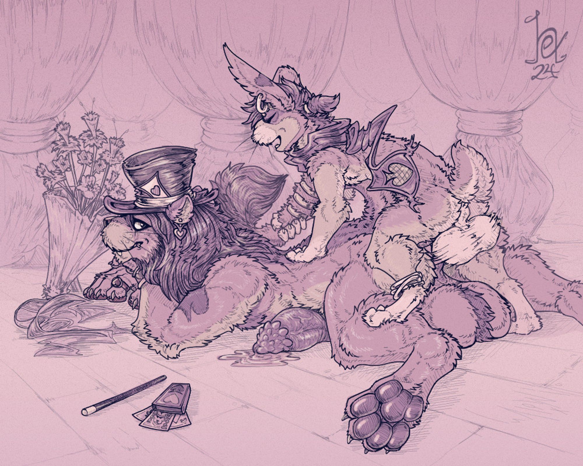 Sketch of a well-built anthropomorphic lion wearing a magician's hat and various heart-themed jewelry laying on his stomach backstage at a theater stage. He is being mounted and fucked by a smaller male rabbit anthro, who is wearing a scarf and spade-themed accessories.