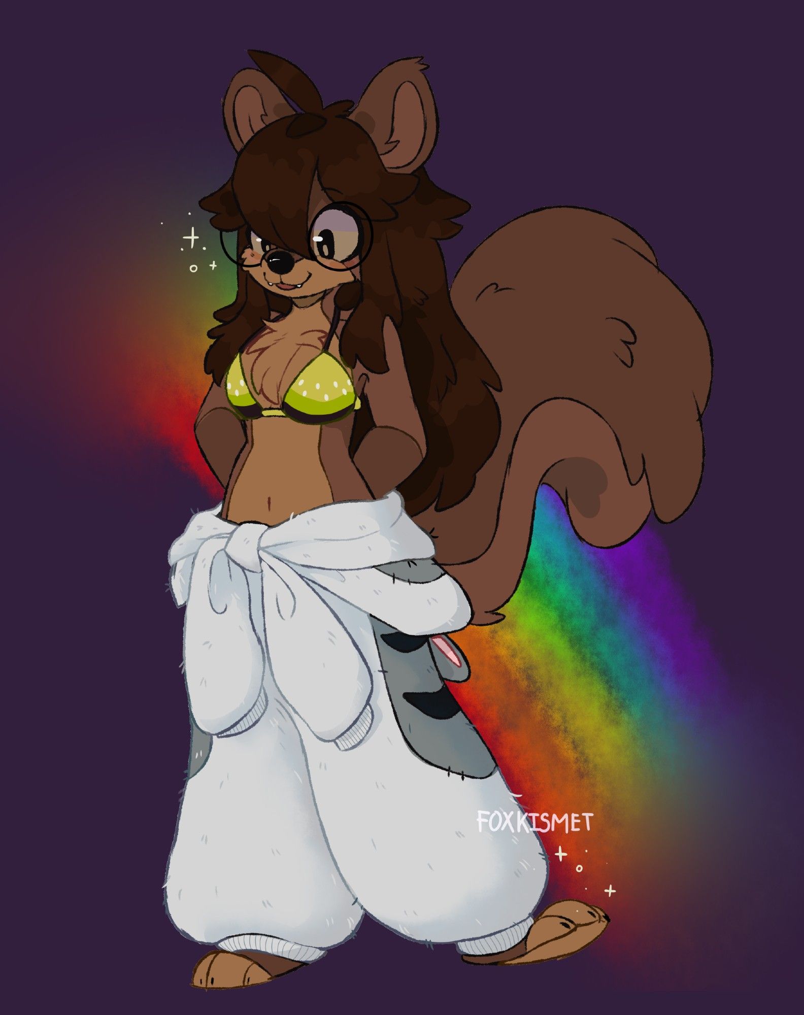 anthro squirrel lady wearing a kiwi bikini and cat kigurumi tied around her waist as "big pants". Her left foot is sticking out un-pointed and her tail is up, curling down. The background is purple with half a rainbow behind her. She is happy