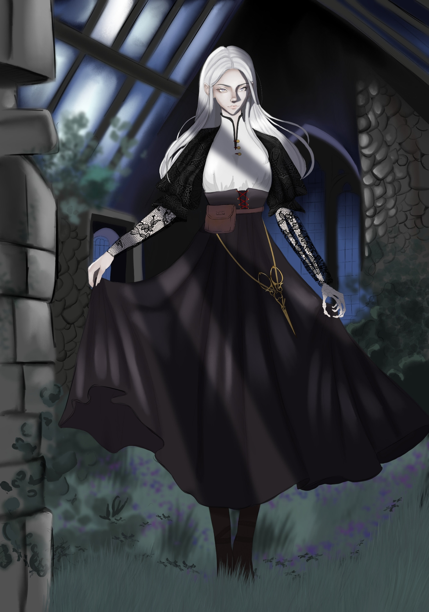 A tall woman stands jn an abandoned green house, lit only by moonlight. She clutches the hem of her dark skirt in her hands, the left hand appears to be made only of bone. She has pale skin, and long silver hair. Her pale blue eyes are almost white in the moon light. She wears a white tunic over the dress, and has a pair of sheers and a leather pouch at her hip. 