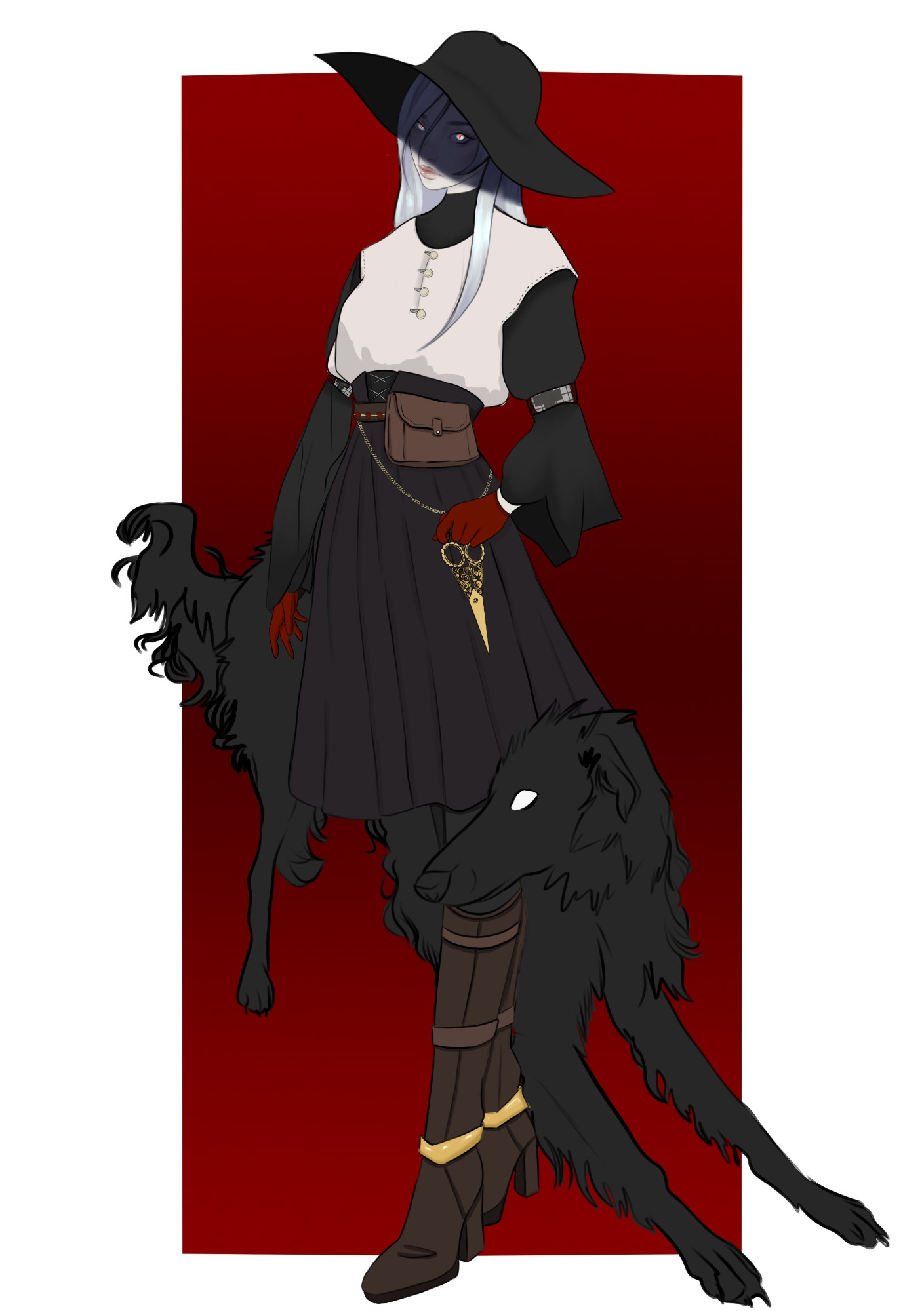 A tall, pale woman wearing a sun hat. She has pale blue, glowing eyes. She wears a black dress with a white tunic over it. Her belt is adorned with a small pouch, some thread, and a pair of sewing sheera. She wears red gloves, and tall leather boots to the knee. A black borzoi is behind her. 