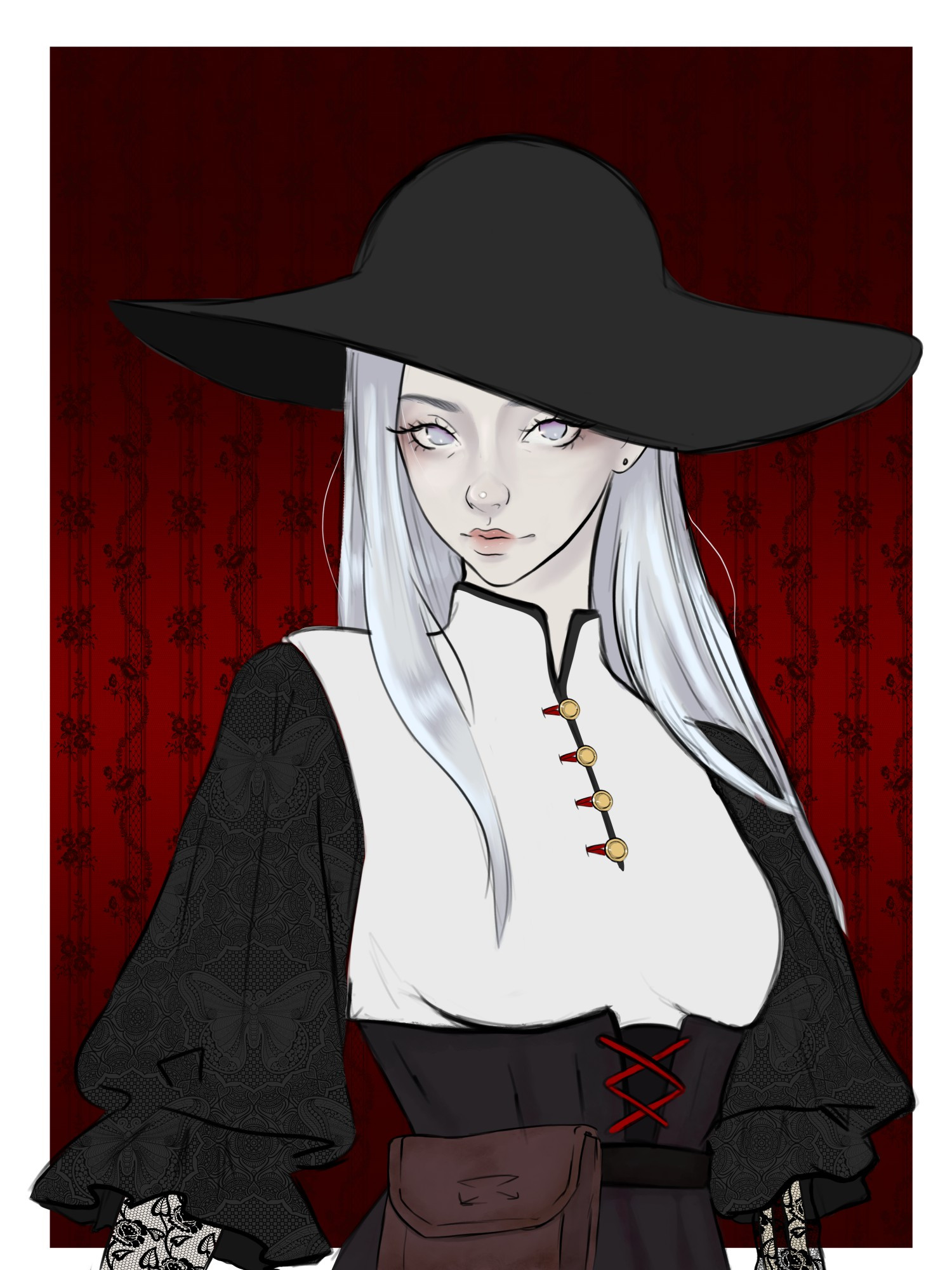 A woman with long silver hair and pale skin. Her eyes are a pale blue, and lock the visible pressence of a pupil. She wears a black dress with a white tunic over top. At her hip is a leather pouch. Her left arm appears to be only bone. She wears a black sun hat on her head. 