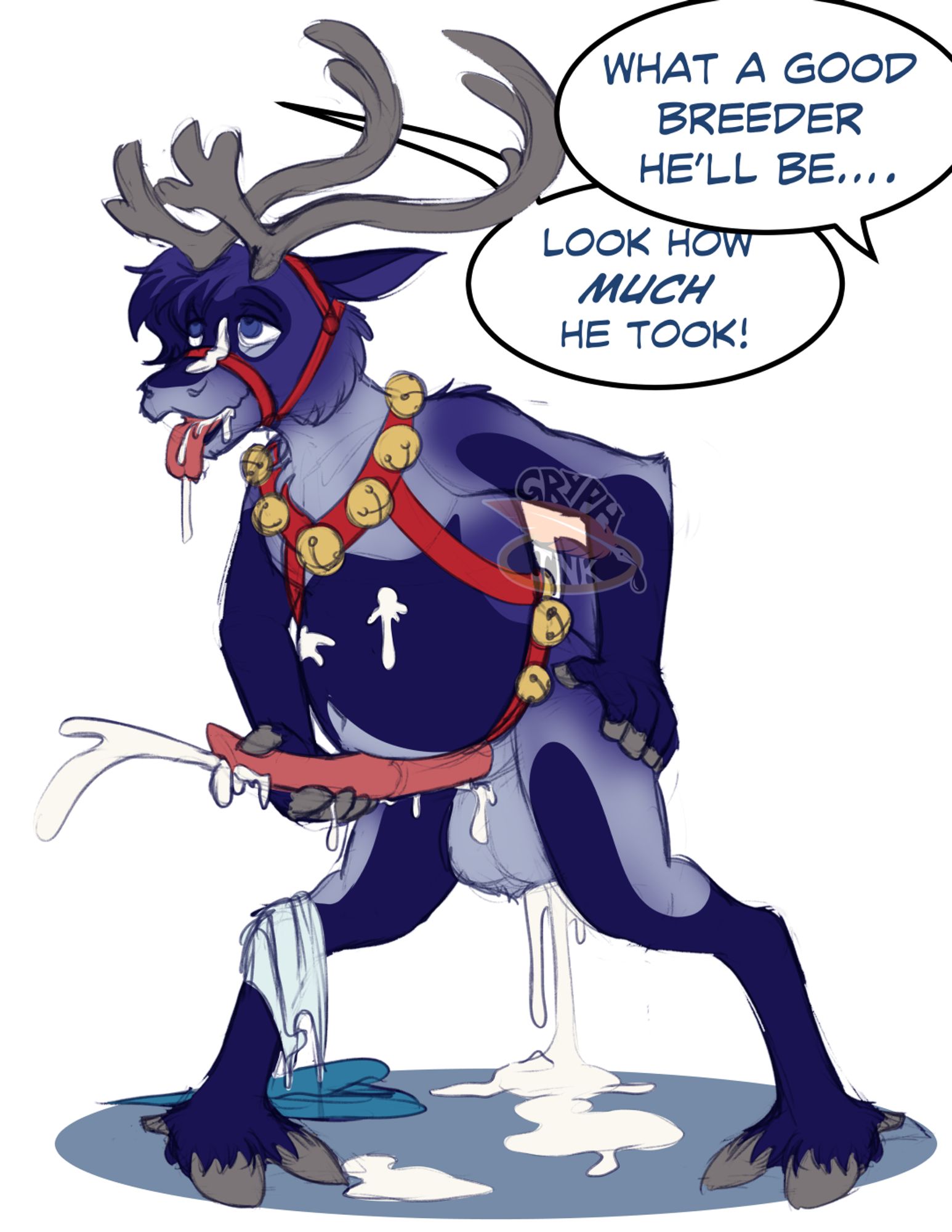 A caribou standing with a heavy belly full of semen, with two off screen people saying "What a breeder he'll be..." and "Look how much he took!"