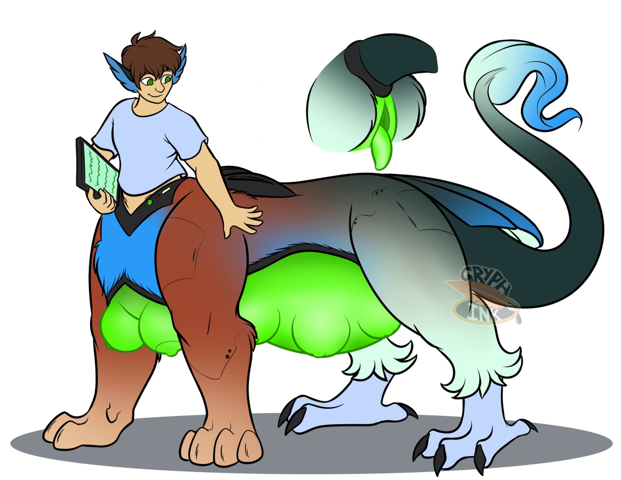 A human with a gryphon taur body, with a green goo stomach and multiple breasts along it.