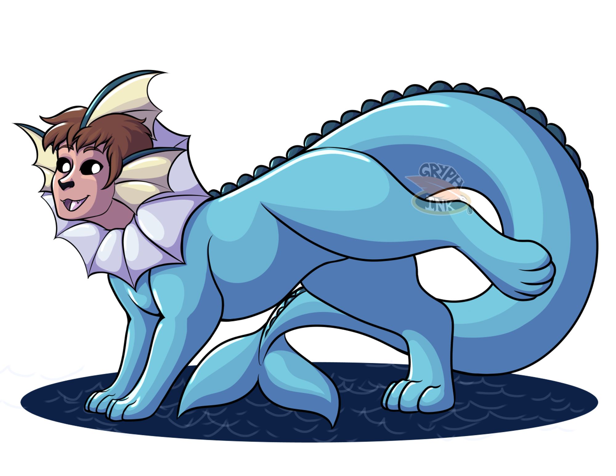 A vaporeon stands, one leg lifted back, with a mostly human face grinning.