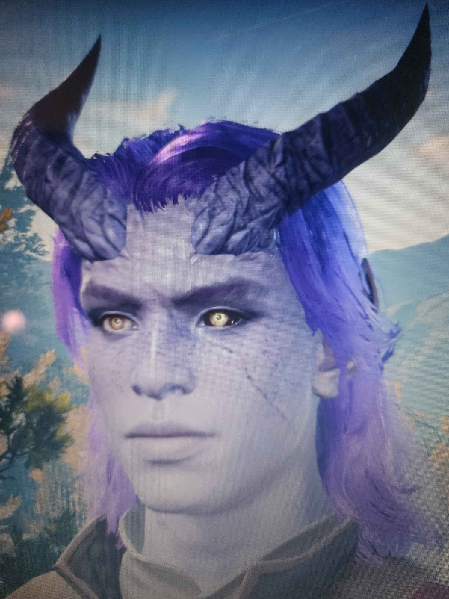 the same tiefling person. their skin is a light purple, their hair being a darker purple and their horns even darker than that. their eyes are a bright yellow.