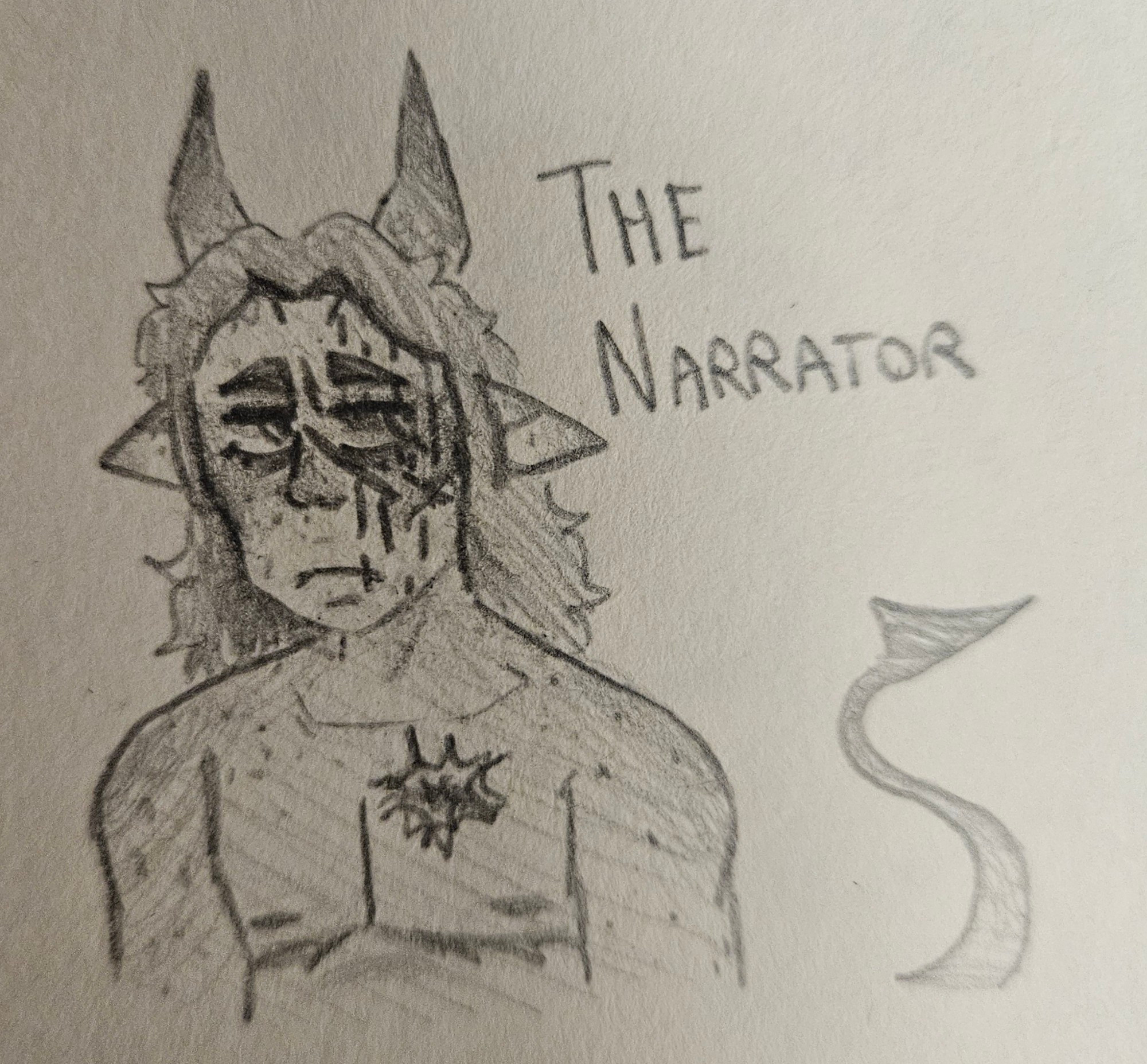 a tiefling person with long hair, scaly horns, and scars running along the right side of their face. he has a scar on his chest and is freckled all over.