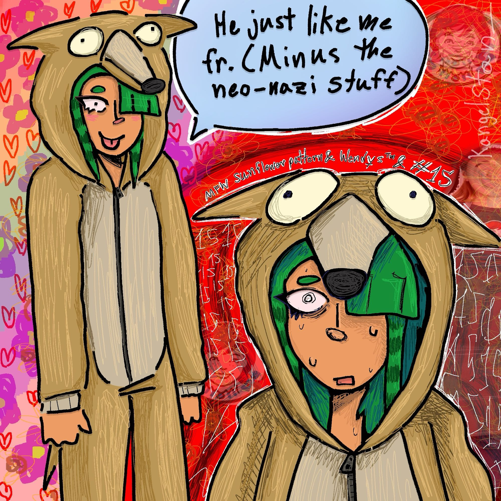 My Oc Daisy dressed up in a onesie of Alfred from Alfred’s playhouse. She has green hair with raccoon stripes and it’s mostly covered by the hood of the onesie.