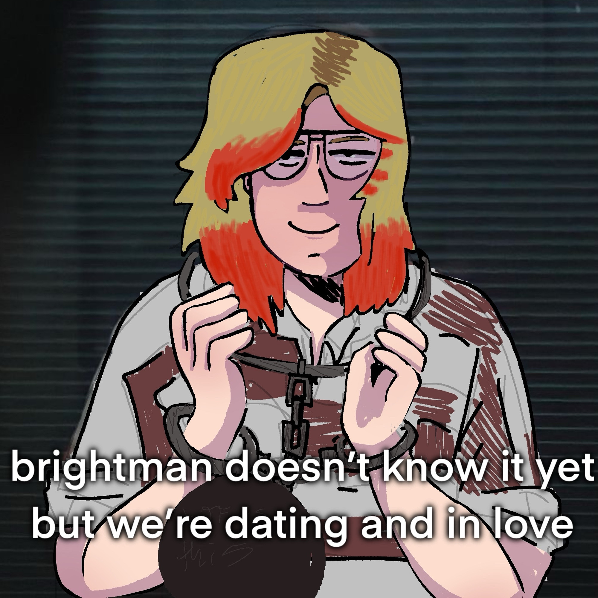 Honestly if you’re unable to see this it’s probably for the better. A image of me traced over riddler from The Batman (2022) saying my crush “doesn’t know it yet but we’re dating and in love” referencing a image of riddler I found on Pinterest 