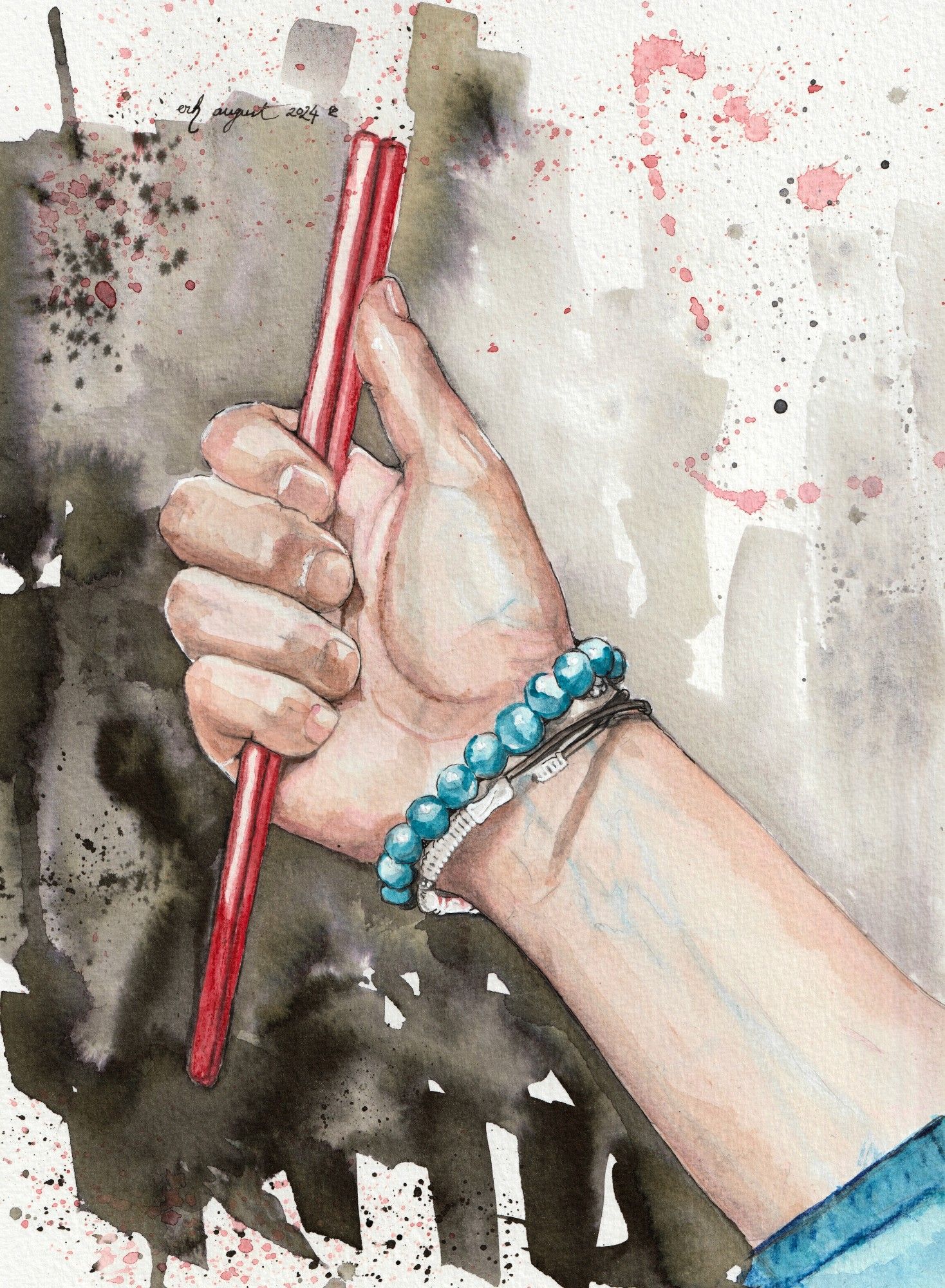 Watercolour and ink painting of Min Yoongi's hand holding red chopsticks gripped in a fist in a threatening manner.
His thumb is pressed against the chopsticks which are gripped in his remaining four fingers. 

The hand and forearm are framed against a background of black ink and red watercolour spatter. He is wearing a turquoise coloured bracelet and you can see the colour of his jacket in the lower corner matches it.