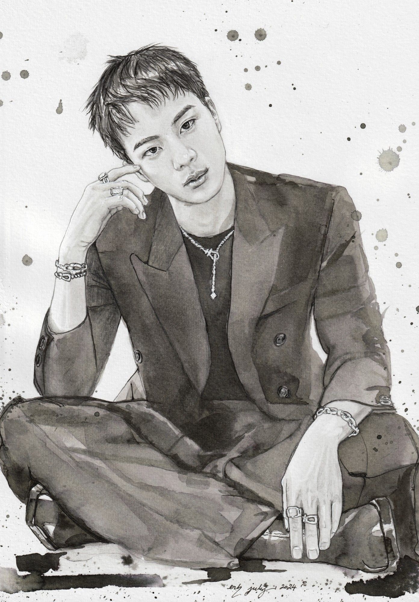 A4 pencil, graphite, and ink painting of Kim Seokjin sitting cross-legged in a black suit with sparkling jewellery 
splashes of ink are falling around him and there are pools of ink shadow near his legs and feet