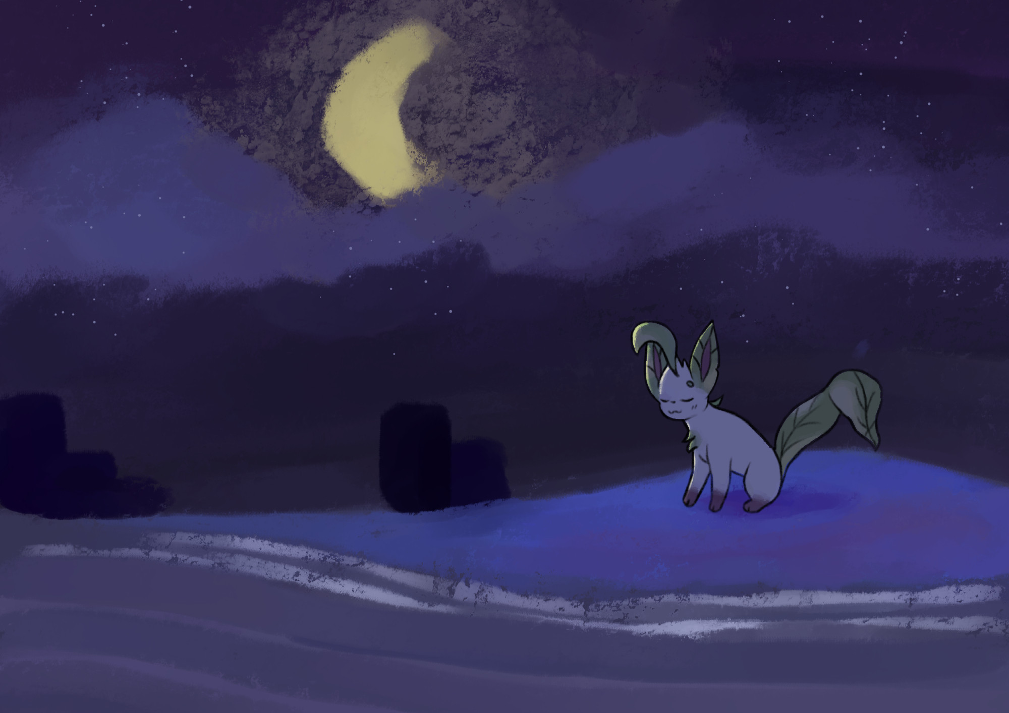 painted art of a leafeon by the sea at night