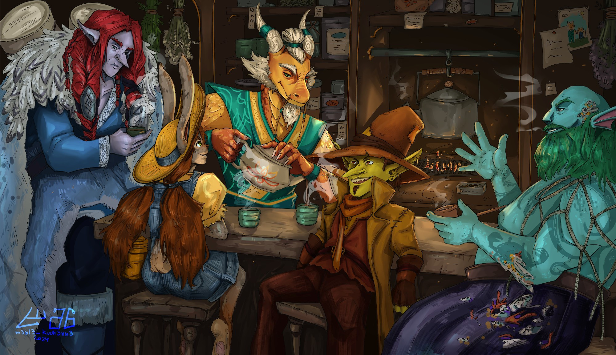 The character cast from Iceboud by Legends of Avantris enjoying tee.
From the left Jornir, Queenie, Taishen, Skrimm, and Barnabos 
Taishen is pouring tee into the cups and Barnabos is smoking his pipe 