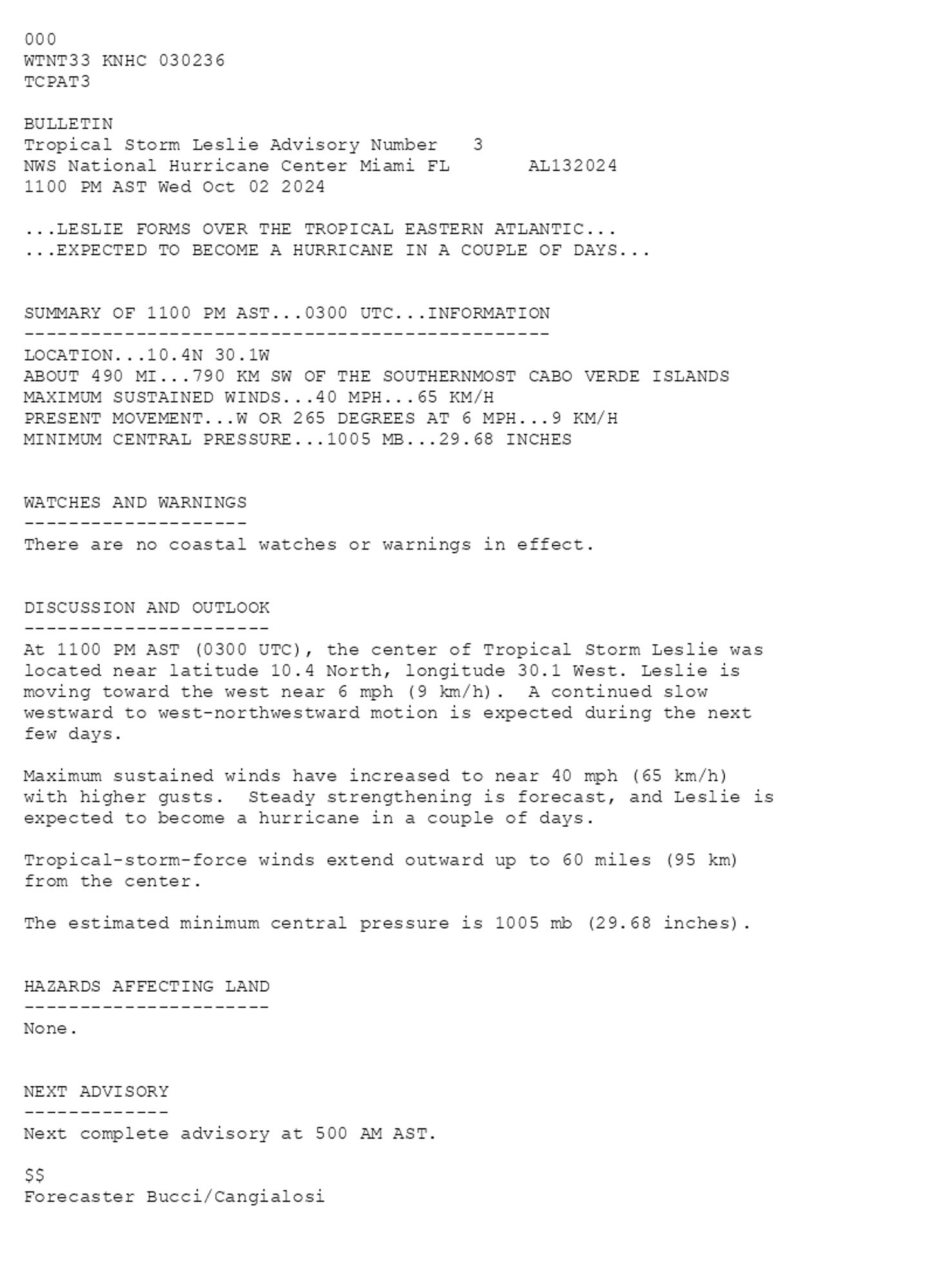 
 <br />
 000<br />
 WTNT33 KNHC 030236<br />
 TCPAT3<br />
  <br />
 BULLETIN<br />
 Tropical Storm Leslie Advisory Number   3<br />
 NWS National Hurricane Center Miami FL       AL132024<br />
 1100 PM AST Wed Oct 02 2024<br />
  <br />
 ...LESLIE FORMS OVER THE TROPICAL EASTERN ATLANTIC...<br />
 ...EXPECTED TO BECOME A HURRICANE IN A COUPLE OF DAYS...<br />
  <br />
  <br />
 SUMMARY OF 1100 PM AST...0300 UTC...INFORMATION<br />
 -----------------------------------------------<br />
 LOCATION...10.4N 30.1W<br />
 ABOUT 490 MI...790 KM SW OF THE SOUTHERNMOST CABO VERDE ISLANDS<br />
 MAXIMUM SUSTAINED WINDS...40 MPH...65 KM/H<br />
 PRESENT MOVEMENT...W OR 265 DEGREES AT 6 MPH...9 KM/H<br />
 MINIMUM CENTRAL PRESSURE...1005 MB...29.68 INCHES<br />
  <br />
  <br />
 WATCHES AND WARNINGS<br />
 --------------------<br />
 There are no coastal watches or warnings in effect.<br />
  <br />
  <br />
 DISCUSSION AND OUTLOOK<br />
 ----------------------<br />
 At 1100 PM AST (0300 UTC), the center of Tropical Storm Leslie was<br />
 located near latitude 10.4 North, longitude 30.1 West. Leslie is<br />
 moving toward the west near 6 mph (9 km/h).  A continued slow <br />
 westward to west-northwestward motion is expected during the next <br />
 few days.<br />
  <br />
 Maximum sustained winds have increased to near 40 mph (65 km/h) <br />
 with higher gusts.  Steady strengthening is forecast, and Leslie is <br />
 expected to become a hurricane in a couple of days.<br />
  <br />
 Tropical-storm-force winds extend outward up to 60 miles (95 km)<br />
 from the center.<br />
  <br />
 The estimated minimum central pressure is 1005 mb (29.68 inches).<br />
  <br />
  <br />
 HAZARDS AFFECTING LAND<br />
 ----------------------<br />
 None.<br />
  <br />
  <br />
 NEXT ADVISORY<br />
 -------------<br />
 Next complete advisory at 500 AM AST.<br />
  <br />
 $$<br />
 Forecaster Bucci/Cangialosi<br />
  <br />
 
