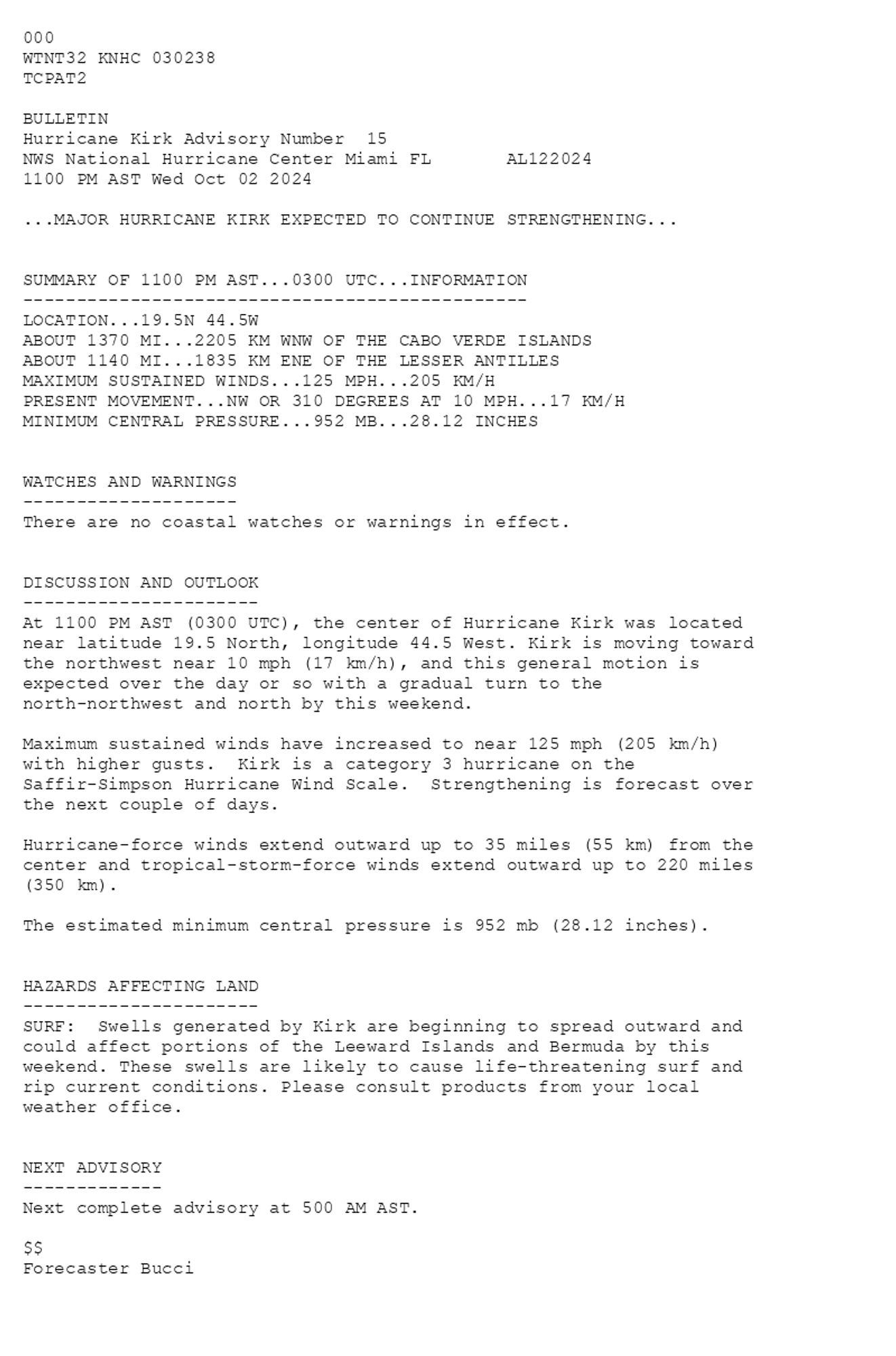 
 <br />
 000<br />
 WTNT32 KNHC 030238<br />
 TCPAT2<br />
  <br />
 BULLETIN<br />
 Hurricane Kirk Advisory Number  15<br />
 NWS National Hurricane Center Miami FL       AL122024<br />
 1100 PM AST Wed Oct 02 2024<br />
  <br />
 ...MAJOR HURRICANE KIRK EXPECTED TO CONTINUE STRENGTHENING...<br />
  <br />
  <br />
 SUMMARY OF 1100 PM AST...0300 UTC...INFORMATION<br />
 -----------------------------------------------<br />
 LOCATION...19.5N 44.5W<br />
 ABOUT 1370 MI...2205 KM WNW OF THE CABO VERDE ISLANDS<br />
 ABOUT 1140 MI...1835 KM ENE OF THE LESSER ANTILLES<br />
 MAXIMUM SUSTAINED WINDS...125 MPH...205 KM/H<br />
 PRESENT MOVEMENT...NW OR 310 DEGREES AT 10 MPH...17 KM/H<br />
 MINIMUM CENTRAL PRESSURE...952 MB...28.12 INCHES<br />
  <br />
  <br />
 WATCHES AND WARNINGS<br />
 --------------------<br />
 There are no coastal watches or warnings in effect.<br />
  <br />
  <br />
 DISCUSSION AND OUTLOOK<br />
 ----------------------<br />
 At 1100 PM AST (0300 UTC), the center of Hurricane Kirk was located <br />
 near latitude 19.5 North, longitude 44.5 West. Kirk is moving toward <br />
 the northwest near 10 mph (17 km/h), and this general motion is <br />
 expected over the day or so with a gradual turn to the <br />
 north-northwest and north by this weekend.<br />
  <br />
 Maximum sustained winds have increased to near 125 mph (205 km/h) <br />
 with higher gusts.  Kirk is a category 3 hurricane on the <br />
 Saffir-Simpson Hurricane Wind Scale.  Strengthening is forecast over <br />
 the next couple of days.<br />
  <br />
 Hurricane-force winds extend outward up to 35 miles (55 km) from the<br />
 center and tropical-storm-force winds extend outward up to 220 miles<br />
 (350 km).<br />
  <br />
 The estimated minimum central pressure is 952 mb (28.12 inches).<br />
  <br />
  <br />
 HAZARDS AFFECTING LAND<br />
 ----------------------<br />
 SURF:  Swells generated by Kirk are beginning to spread outward and<br />
 could affect portions of the Leeward Islands and Bermuda by this<br />
 weekend. These swells are likely to cause life-threatening surf and<br />
 rip current conditions. Please consult products from your local<br />
 weather office.<br />
  <br />
  <br />
 NEXT ADVISORY<br />
 -------------<br />
 Next complete advisory at 500 AM AST.<br />
  <br />
 $$<br />
 Forecaster Bucci<br />
  <br />
 
