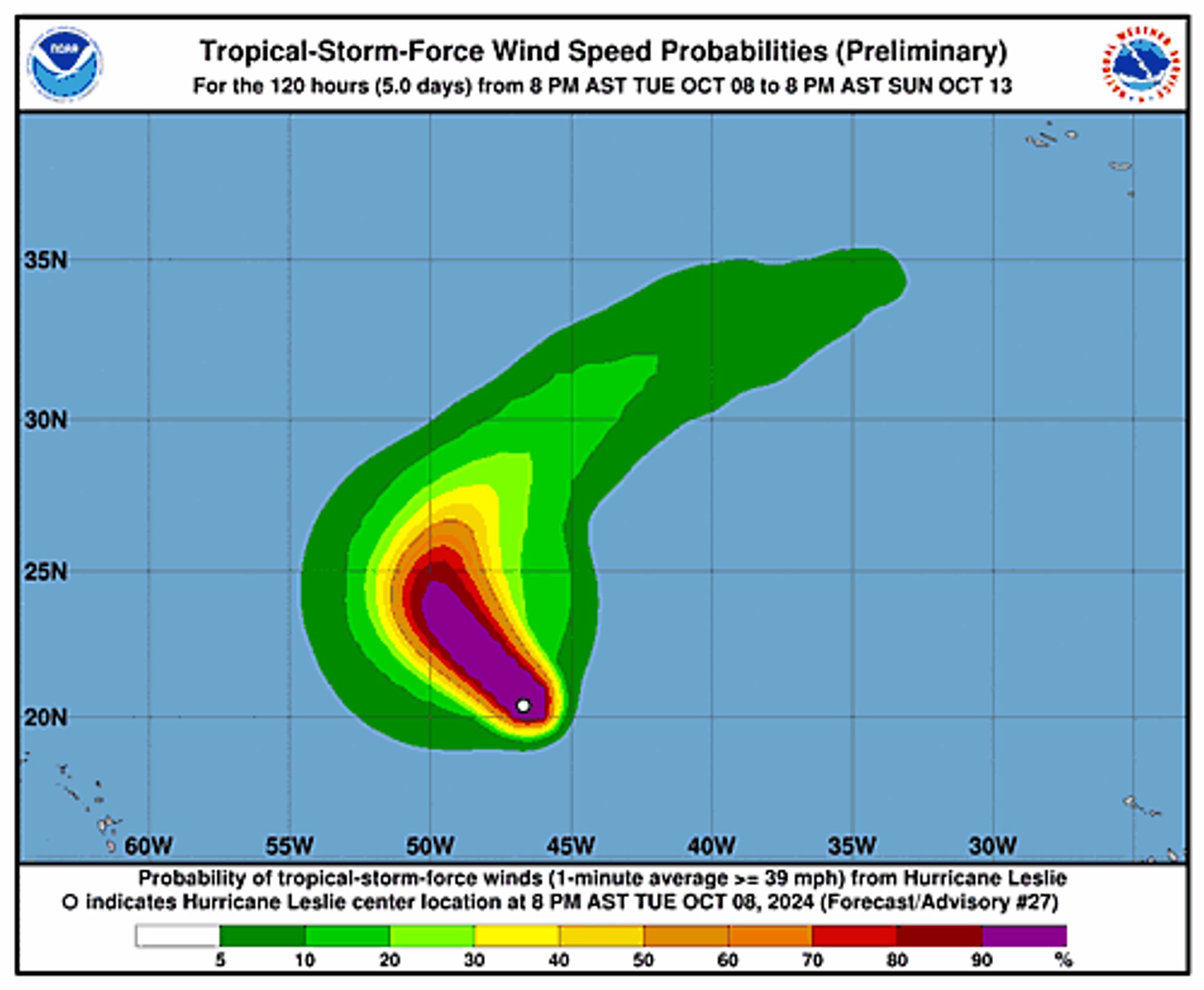 Hurricane Leslie 34-Knot Wind Speed Probabilities