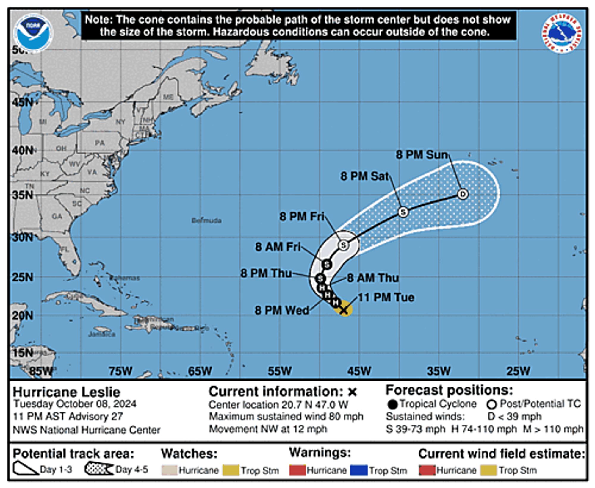 Hurricane Leslie 5-Day Uncertainty Track Image