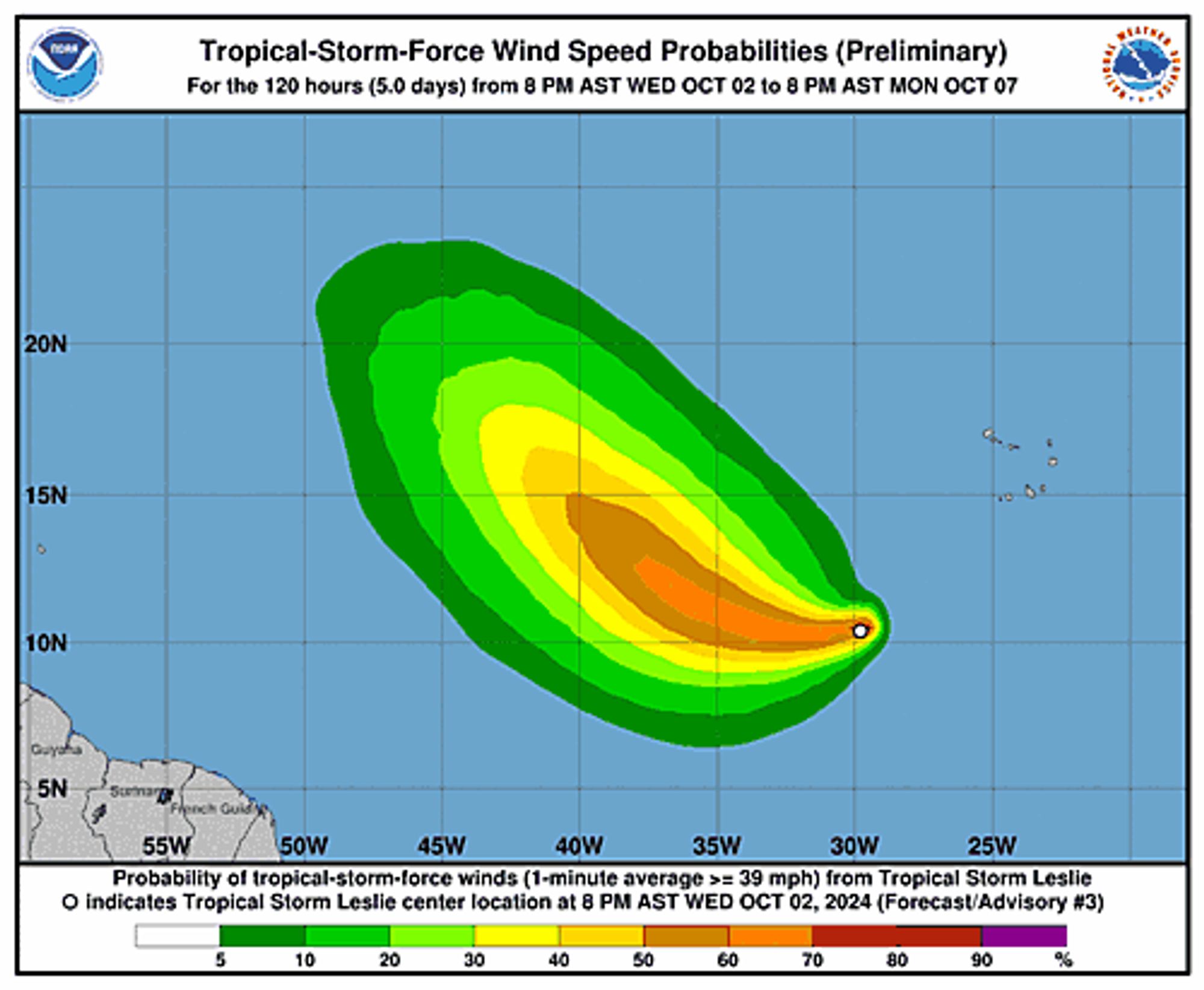 Tropical Storm Leslie 34-Knot Wind Speed Probabilities