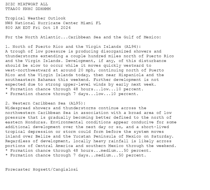 
ZCZC MIATWOAT ALL<br>TTAA00 KNHC DDHHMM<br><br>Tropical Weather Outlook<br>NWS National Hurricane Center Miami FL<br>800 AM EDT Fri Oct 18 2024<br><br>For the North Atlantic...Caribbean Sea and the Gulf of Mexico:<br><br>1. North of Puerto Rico and the Virgin Islands (AL94):<br>A trough of low pressure is producing disorganized showers and <br>thunderstorms extending a couple hundred miles north of Puerto Rico <br>and the Virgin Islands. Development, if any, of this disturbance <br>should be slow to occur while it moves quickly westward to <br>west-northwestward at around 20 mph, continuing north of Puerto <br>Rico and the Virgin Islands today, then near Hispaniola and the <br>southeastern Bahamas this weekend. Further development is not <br>expected due to strong upper-level winds by early next week.<br>* Formation chance through 48 hours...low...10 percent.<br>* Formation chance through 7 days...low...10 percent.<br><br>
2. Western Caribbean Sea (AL95):<br>Widespread showers and thunderstorms continue across the <br>northwestern Caribbean Sea in association with a broad area of low <br>pressure that is gradually becoming better defined to the north of <br>eastern Honduras. Environmental conditions appear conducive for some <br>additional development over the next day or so, and a short-lived <br>tropical depression or storm could form before the system moves <br>inland over Belize and the Yucatan Peninsula of Mexico on Saturday. <br>Regardless of development, locally heavy rainfall is likely across <br>portions of Central America and southern Mexico through the weekend.<br>* Formation chance through 48 hours...medium...50 percent.<br>* Formation chance through 7 days...medium...50 percent.<br><br>
<br>Forecaster Hogsett/Cangialosi<br><br>

