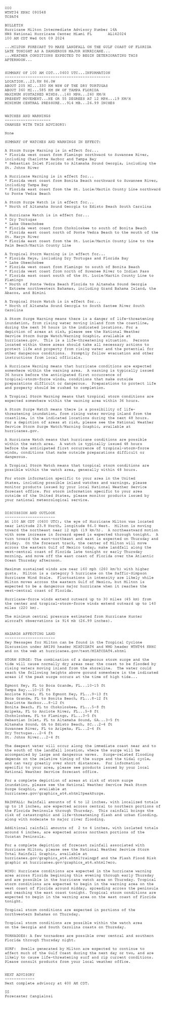 
 <br />
 000<br />
 WTNT34 KNHC 090548<br />
 TCPAT4<br />
  <br />
 BULLETIN<br />
 Hurricane Milton Intermediate Advisory Number 16A<br />
 NWS National Hurricane Center Miami FL       AL142024<br />
 100 AM CDT Wed Oct 09 2024<br />
 <br />
 ...MILTON FORECAST TO MAKE LANDFALL ON THE GULF COAST OF FLORIDA<br />
 LATE TONIGHT AS A DANGEROUS MAJOR HURRICANE...<br />
 ...WEATHER CONDITIONS EXPECTED TO BEGIN DETERIORATING THIS <br />
 AFTERNOON...<br />
 <br />
  <br />
 SUMMARY OF 100 AM CDT...0600 UTC...INFORMATION<br />
 ----------------------------------------------<br />
 LOCATION...23.8N 86.0W<br />
 ABOUT 205 MI...330 KM WSW OF THE DRY TORTUGAS<br />
 ABOUT 360 MI...585 KM SW OF TAMPA FLORIDA<br />
 MAXIMUM SUSTAINED WINDS...160 MPH...260 KM/H<br />
 PRESENT MOVEMENT...NE OR 55 DEGREES AT 12 MPH...19 KM/H<br />
 MINIMUM CENTRAL PRESSURE...914 MB...26.99 INCHES<br />
  <br />
  <br />
 WATCHES AND WARNINGS<br />
 --------------------<br />
 CHANGES WITH THIS ADVISORY:<br />
  <br />
 None<br />
  <br />
 SUMMARY OF WATCHES AND WARNINGS IN EFFECT:<br />
  <br />
 A Storm Surge Warning is in effect for...<br />
 * Florida west coast from Flamingo northward to Suwannee River,<br />
 including Charlotte Harbor and Tampa Bay<br />
 * Sebastian Inlet Florida to Altamaha Sound Georgia, including the<br />
 St. Johns River<br />
  <br />
 A Hurricane Warning is in effect for...<br />
 * Florida west coast from Bonita Beach northward to Suwannee River,<br />
 including Tampa Bay<br />
 * Florida east coast from the St. Lucie/Martin County Line northward<br />
 to Ponte Vedra Beach<br />
  <br />
 A Storm Surge Watch is in effect for...<br />
 * North of Altamaha Sound Georgia to Edisto Beach South Carolina<br />
  <br />
 A Hurricane Watch is in effect for...<br />
 * Dry Tortugas<br />
 * Lake Okeechobee<br />
 * Florida west coast from Chokoloskee to south of Bonita Beach<br />
 * Florida east coast north of Ponte Vedra Beach to the mouth of the<br />
 St. Marys River<br />
 * Florida east coast from the St. Lucie/Martin County Line to the<br />
 Palm Beach/Martin County Line<br />
  <br />
 A Tropical Storm Warning is in effect for...<br />
 * Florida Keys, including Dry Tortugas and Florida Bay<br />
 * Lake Okeechobee<br />
 * Florida west coast from Flamingo to south of Bonita Beach<br />
 * Florida west coast from north of Suwanee River to Indian Pass<br />
 * Florida east coast south of the St. Lucie/Martin County Line to<br />
 Flamingo<br />
 * North of Ponte Vedra Beach Florida to Altamaha Sound Georgia<br />
 * Extreme northwestern Bahamas, including Grand Bahama Island, the<br />
 Abacos, and Bimini<br />
  <br />
 A Tropical Storm Watch is in effect for...<br />
 * North of Altamaha Sound Georgia to South Santee River South<br />
 Carolina<br />
  <br />
 A Storm Surge Warning means there is a danger of life-threatening<br />
 inundation, from rising water moving inland from the coastline,<br />
 during the next 36 hours in the indicated locations. For a<br />
 depiction of areas at risk, please see the National Weather<br />
 Service Storm Surge Watch/Warning Graphic, available at<br />
 hurricanes.gov.  This is a life-threatening situation.  Persons<br />
 located within these areas should take all necessary actions to<br />
 protect life and property from rising water and the potential for<br />
 other dangerous conditions.  Promptly follow evacuation and other<br />
 instructions from local officials.<br />
  <br />
 A Hurricane Warning means that hurricane conditions are expected<br />
 somewhere within the warning area.  A warning is typically issued<br />
 36 hours before the anticipated first occurrence of<br />
 tropical-storm-force winds, conditions that make outside<br />
 preparations difficult or dangerous.  Preparations to protect life<br />
 and property should be rushed to completion.<br />
  <br />
 A Tropical Storm Warning means that tropical storm conditions are<br />
 expected somewhere within the warning area within 36 hours.<br />
  <br />
 A Storm Surge Watch means there is a possibility of life-<br />
 threatening inundation, from rising water moving inland from the<br />
 coastline, in the indicated locations during the next 48 hours.<br />
 For a depiction of areas at risk, please see the National Weather<br />
 Service Storm Surge Watch/Warning Graphic, available at<br />
 hurricanes.gov.<br />
  <br />
 A Hurricane Watch means that hurricane conditions are possible<br />
 within the watch area.  A watch is typically issued 48 hours<br />
 before the anticipated first occurrence of tropical-storm-force<br />
 winds, conditions that make outside preparations difficult or<br />
 dangerous.<br />
  <br />
 A Tropical Storm Watch means that tropical storm conditions are<br />
 possible within the watch area, generally within 48 hours.<br />
  <br />
 For storm information specific to your area in the United<br />
 States, including possible inland watches and warnings, please<br />
 monitor products issued by your local National Weather Service<br />
 forecast office. For storm information specific to your area<br />
 outside of the United States, please monitor products issued by<br />
 your national meteorological service.<br />
  <br />
  <br />
 DISCUSSION AND OUTLOOK<br />
 ----------------------<br />
 At 100 AM CDT (0600 UTC), the eye of Hurricane Milton was located <br />
 near latitude 23.8 North, longitude 86.0 West.  Milton is moving <br />
 toward the northeast near 12 mph (19 km/h).  A northeastward motion <br />
 with some increase in forward speed is expected through tonight.  A <br />
 turn toward the east-northeast and east is expected on Thursday and <br />
 Friday.  On the forecast track, the center of Milton will move <br />
 across the eastern Gulf of Mexico today, make landfall along the <br />
 west-central coast of Florida late tonight or early Thursday <br />
 morning, and move off the east coast of Florida over the Atlantic <br />
 Ocean Thursday afternoon.<br />
  <br />
 Maximum sustained winds are near 160 mph (260 km/h) with higher<br />
 gusts.  Milton is a category 5 hurricane on the Saffir-Simpson<br />
 Hurricane Wind Scale.  Fluctuations in intensity are likely while<br />
 Milton moves across the eastern Gulf of Mexico, but Milton is<br />
 expected to be a dangerous major hurricane when it reaches the<br />
 west-central coast of Florida.<br />
  <br />
 Hurricane-force winds extend outward up to 30 miles (45 km) from<br />
 the center and tropical-storm-force winds extend outward up to 140<br />
 miles (220 km).<br />
  <br />
 The minimum central pressure estimated from Hurricane Hunter<br />
 aircraft observations is 914 mb (26.99 inches).<br />
  <br />
  <br />
 HAZARDS AFFECTING LAND<br />
 ----------------------<br />
 Key Messages for Milton can be found in the Tropical Cyclone<br />
 Discussion under AWIPS header MIATCDAT4 and WMO header WTNT44 KNHC<br />
 and on the web at hurricanes.gov/text/MIATCDAT4.shtml<br />
  <br />
 STORM SURGE: The combination of a dangerous storm surge and the<br />
 tide will cause normally dry areas near the coast to be flooded by<br />
 rising waters moving inland from the shoreline.  The water could<br />
 reach the following heights above ground somewhere in the indicated<br />
 areas if the peak surge occurs at the time of high tide...<br />
  <br />
 Egmont Key, FL to Boca Grande, FL...10-15 ft<br />
 Tampa Bay...10-15 ft<br />
 Anclote River, FL to Egmont Key, FL...9-13 ft<br />
 Boca Grande, FL to Bonita Beach, FL...8-12 ft<br />
 Charlotte Harbor...8-12 ft<br />
 Bonita Beach, FL to Chokoloskee, FL...5-8 ft<br />
 Aripeka, FL to Anclote River, FL...5-8 ft<br />
 Chokoloskee, FL to Flamingo, FL...3-5 ft<br />
 Sebastian Inlet, FL to Altamaha Sound, GA...3-5 ft<br />
 Altamaha Sound, GA to Edisto Beach, SC...2-4 ft<br />
 Suwannee River, FL to Aripeka, FL...2-4 ft<br />
 Dry Tortugas...2-4 ft<br />
 St. Johns River...2-4 ft<br />
  <br />
 The deepest water will occur along the immediate coast near and to<br />
 the south of the landfall location, where the surge will be<br />
 accompanied by large and dangerous waves.  Surge-related flooding<br />
 depends on the relative timing of the surge and the tidal cycle,<br />
 and can vary greatly over short distances.  For information<br />
 specific to your area, please see products issued by your local<br />
 National Weather Service forecast office.<br />
  <br />
 For a complete depiction of areas at risk of storm surge<br />
 inundation, please see the National Weather Service Peak Storm<br />
 Surge Graphic, available at<br />
 hurricanes.gov/graphics_at4.shtml?peakSurge.<br />
  <br />
 RAINFALL: Rainfall amounts of 6 to 12 inches, with localized totals<br />
 up to 18 inches, are expected across central to northern portions of<br />
 the Florida Peninsula through Thursday.  This rainfall brings the<br />
 risk of catastrophic and life-threatening flash and urban flooding,<br />
 along with moderate to major river flooding.<br />
  <br />
 Additional rainfall amounts of  2 to 4 inches, with isolated totals<br />
 around 6 inches, are expected across northern portions of the<br />
 Yucatan Peninsula.<br />
  <br />
 For a complete depiction of forecast rainfall associated with<br />
 Hurricane Milton, please see the National Weather Service Storm<br />
 Total Rainfall Graphic, available at<br />
 hurricanes.gov/graphics_at4.shtml?rainqpf and the Flash Flood Risk<br />
 graphic at hurricanes.gov/graphics_at4.shtml?ero.<br />
  <br />
 WIND: Hurricane conditions are expected in the hurricane warning <br />
 area across Florida beginning this evening through early Thursday <br />
 and are possible in the hurricane watch area on Thursday. Tropical <br />
 storm conditions are expected to begin in the warning area on the <br />
 west coast of Florida around midday, spreading across the peninsula <br />
 and reaching the east coast tonight. Tropical storm conditions are <br />
 expected to begin in the warning area on the east coast of Florida <br />
 tonight.<br />
  <br />
 Tropical storm conditions are expected in portions of the<br />
 northwestern Bahamas on Thursday.<br />
  <br />
 Tropical storm conditions are possible within the watch area<br />
 on the Georgia and South Carolina coasts on Thursday.<br />
  <br />
 TORNADOES: A few tornadoes are possible over central and southern<br />
 Florida through Thursday night.<br />
  <br />
 SURF:  Swells generated by Milton are expected to continue to<br />
 affect much of the Gulf Coast during the next day or two, and are<br />
 likely to cause life-threatening surf and rip current conditions.<br />
 Please consult products from your local weather office.<br />
  <br />
  <br />
 NEXT ADVISORY<br />
 -------------<br />
 Next complete advisory at 400 AM CDT.<br />
  <br />
 $$<br />
 Forecaster Cangialosi<br />
  <br />
 
