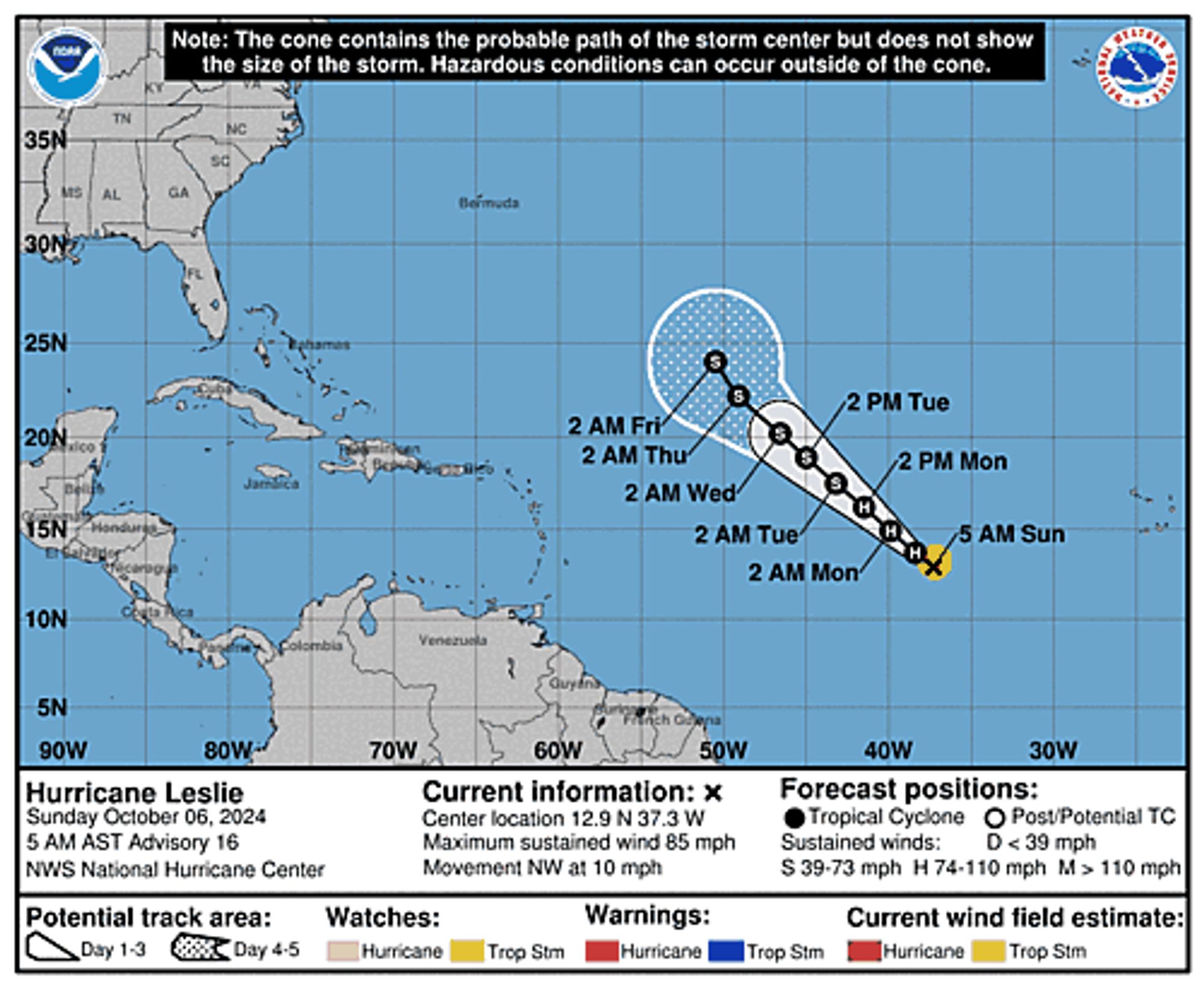 Hurricane Leslie 5-Day Uncertainty Track Image