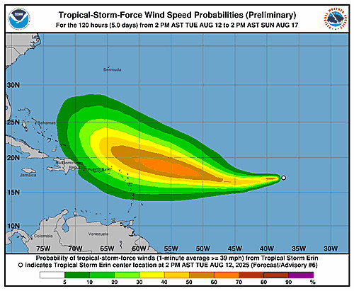 Tropical Storm Erin 34-Knot Wind Speed Probabilities