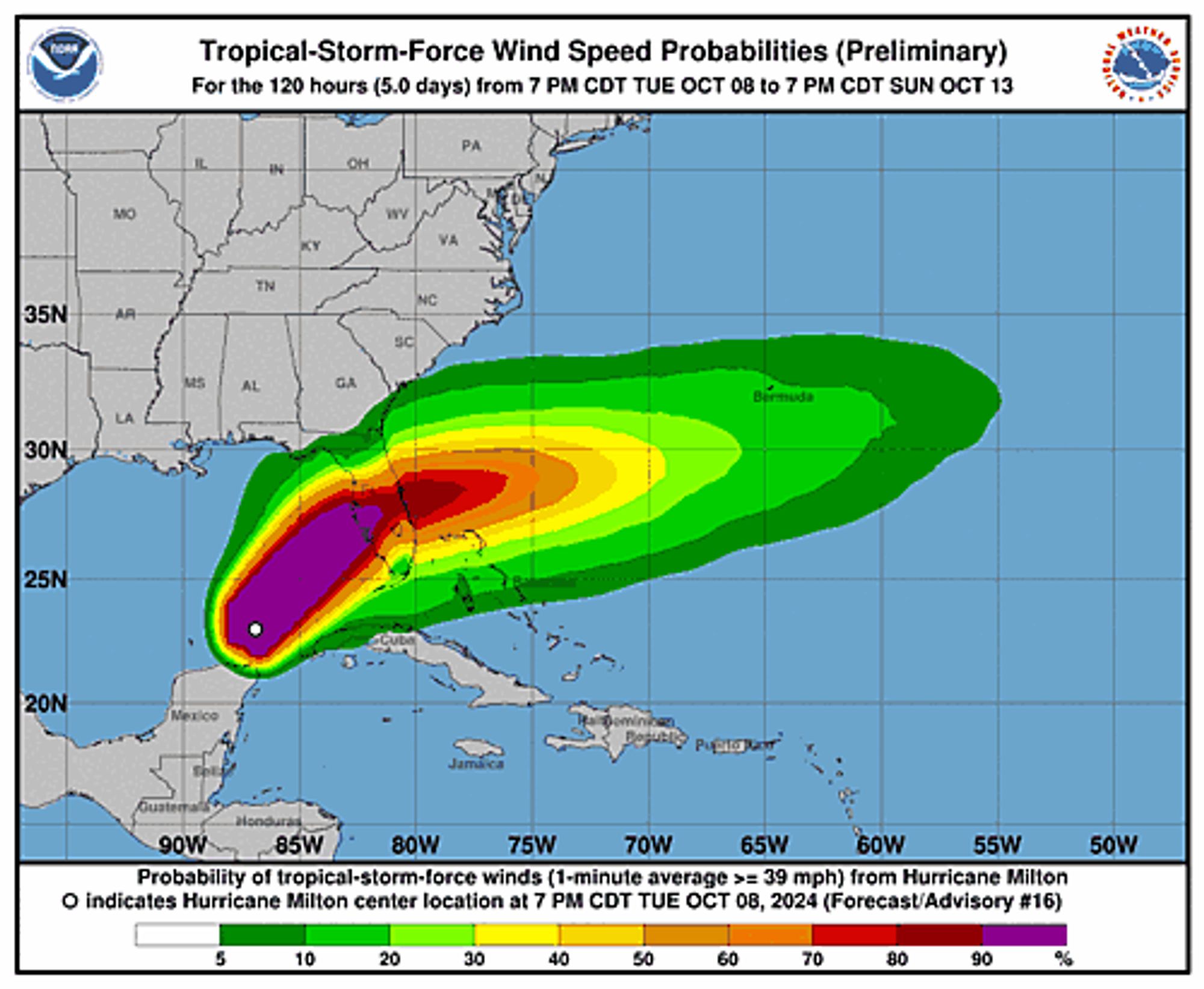 Hurricane Milton 34-Knot Wind Speed Probabilities