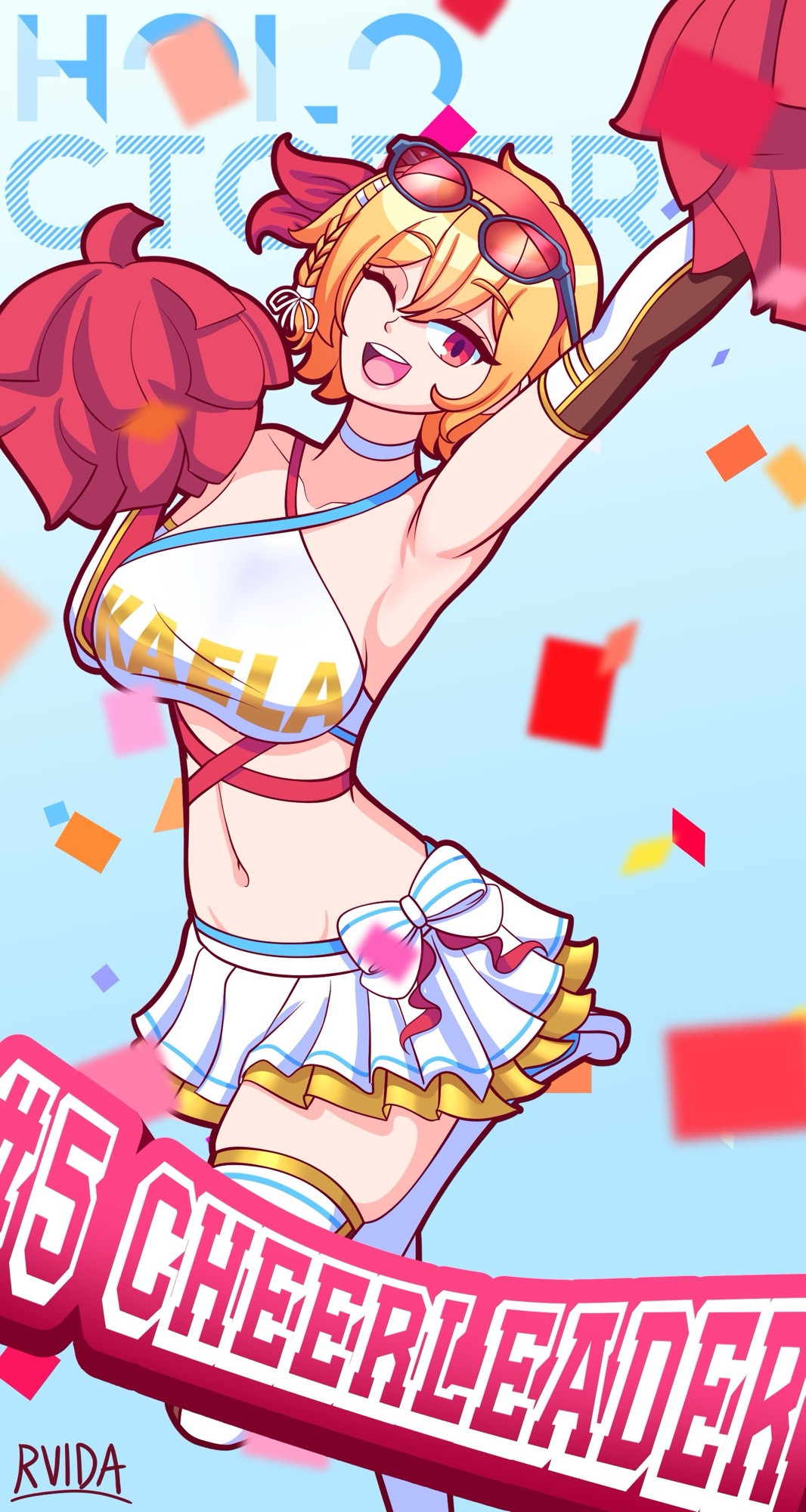 Vtuber Kaela Kovalskia from Hololive Indonesia (HoloID) dressed as a cheerleader 