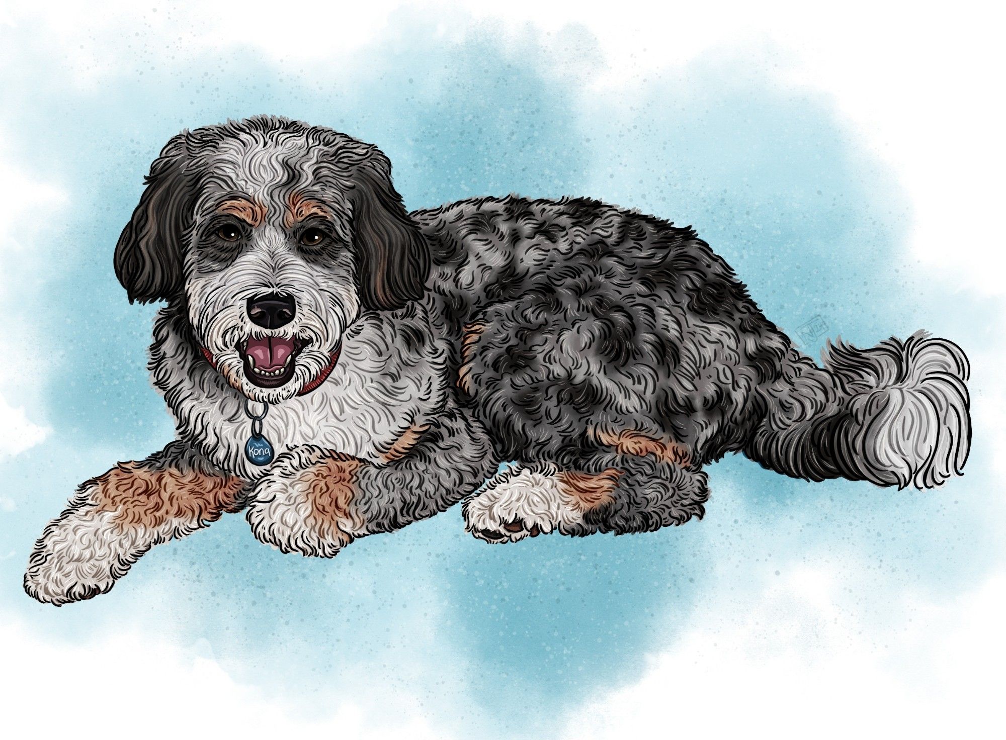 Artwork of a white, gray, and brown dog with curly hair and a big smile.